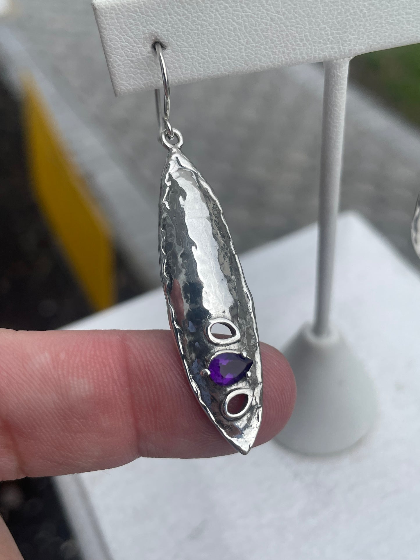 Designer Paz Israel 925 Sterling Silver Hammered Shield Amethyst Dangle Earrings