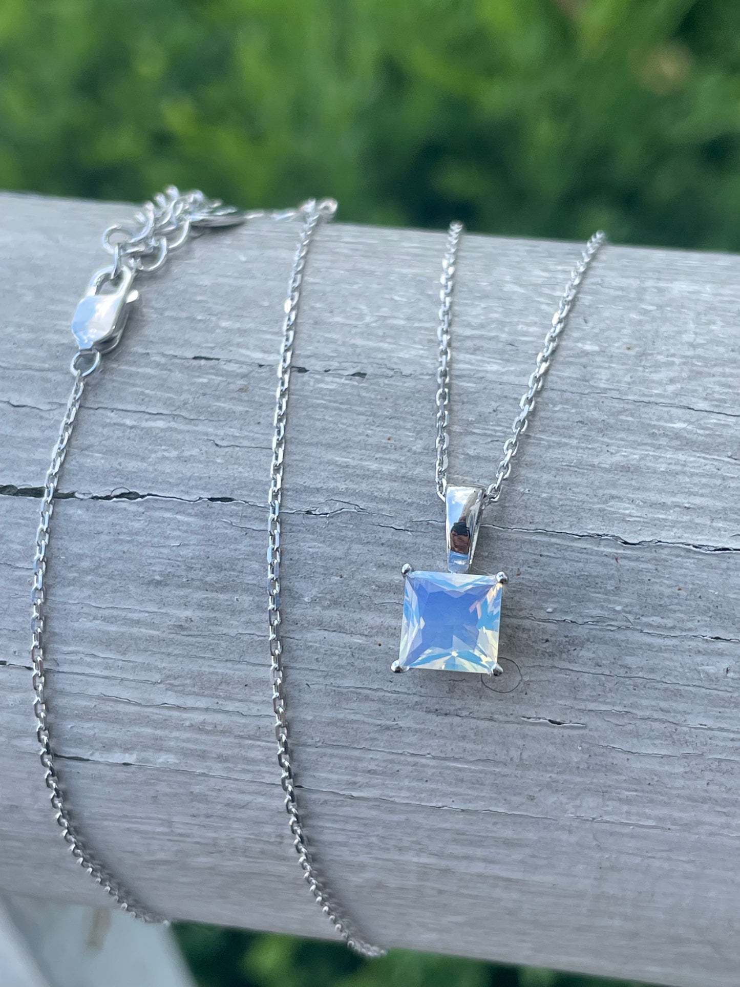 925 Sterling Silver 1.00 Clear Zirconia or Opalite Princess Cut Solitaire Necklace