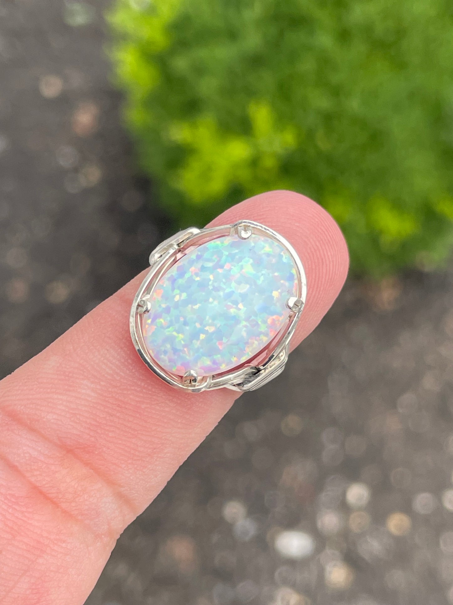 925 Sterling Silver Large Oval Opal Ring Size 5