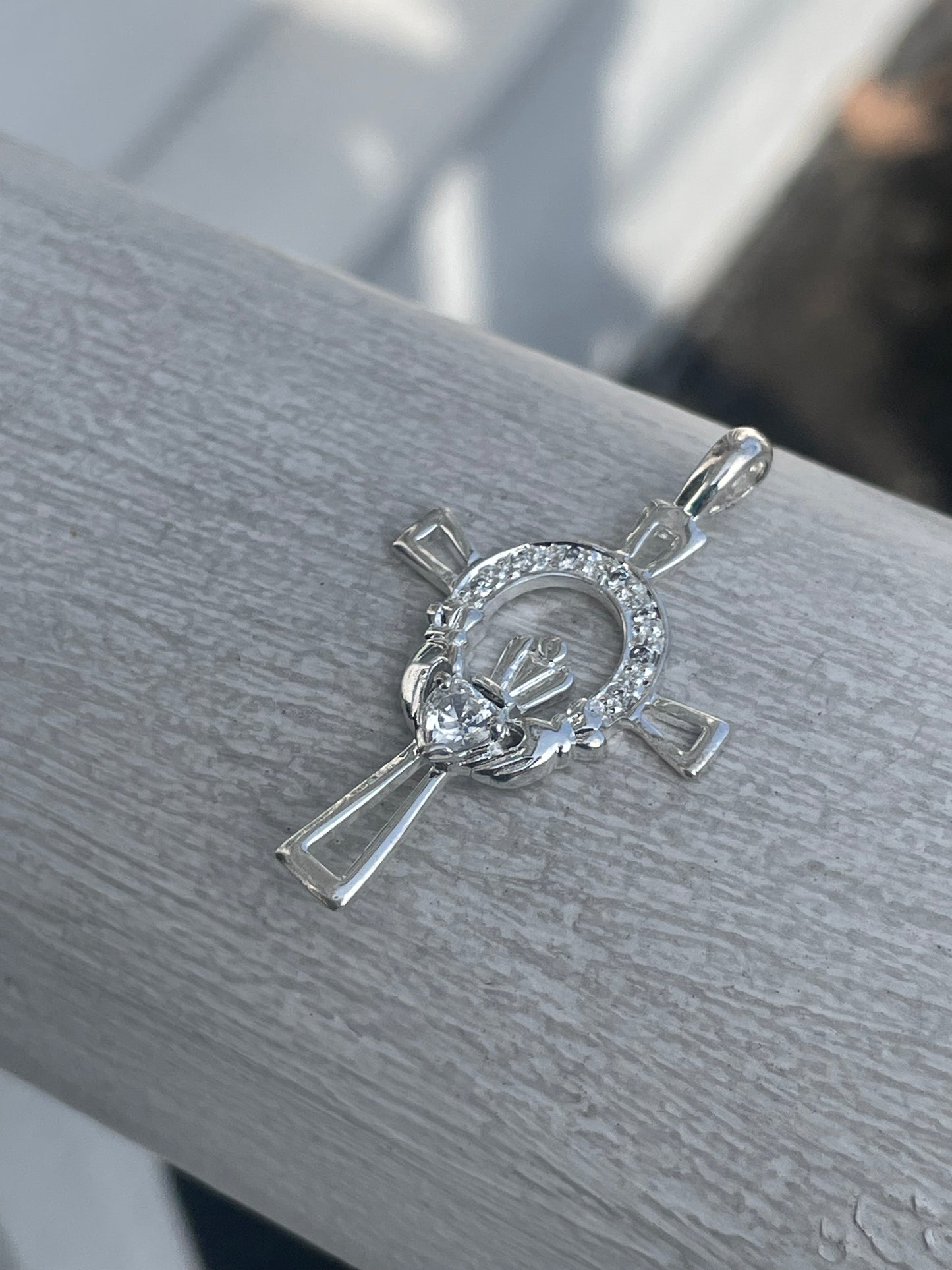 925 Sterling Silver Sparkling Irish Claddagh Celtic Cross Pendant