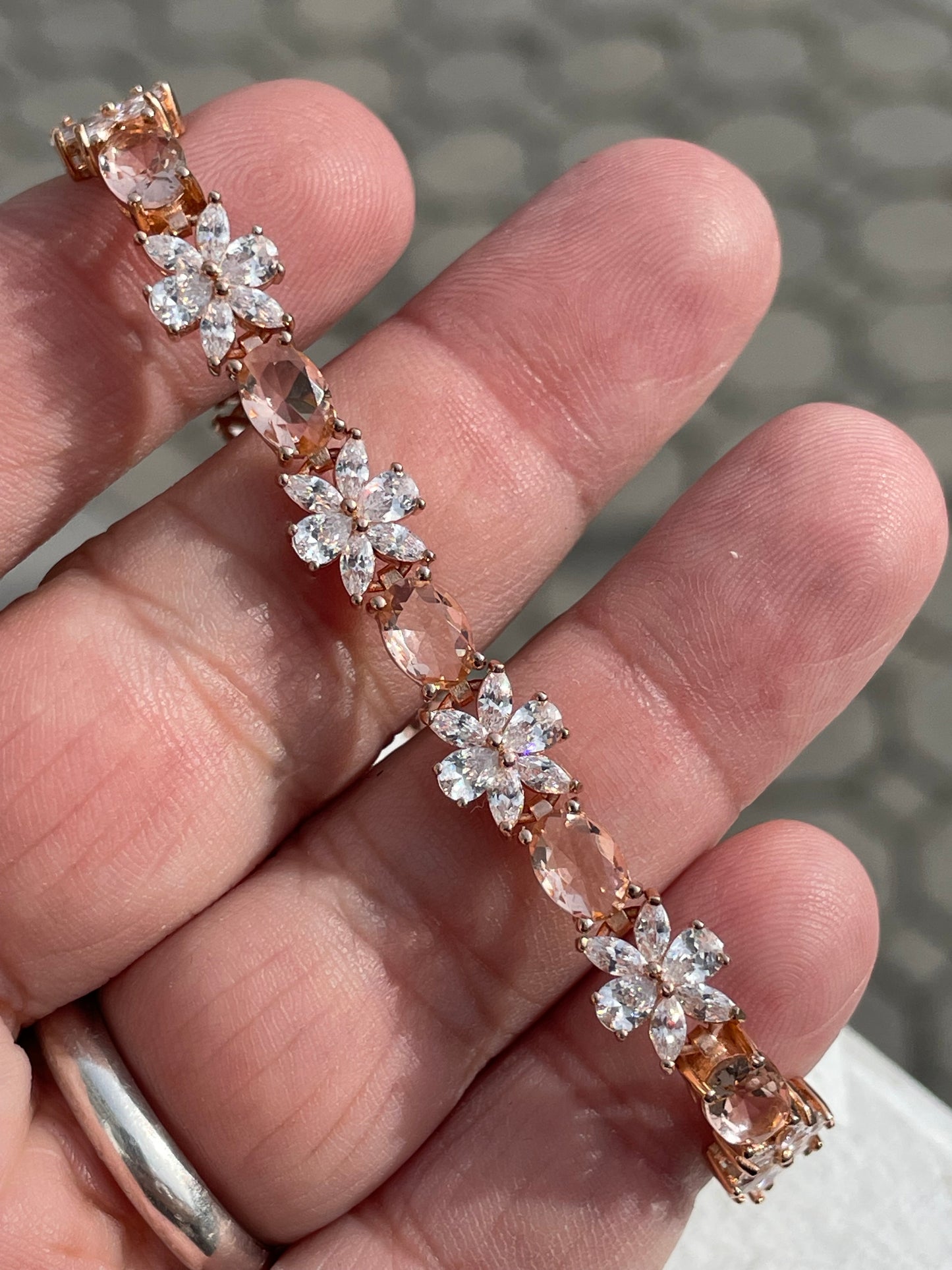 925 Sterling Silver Rose Vermeil Morganite & Zirconia Tennis Bracelet 7.25”