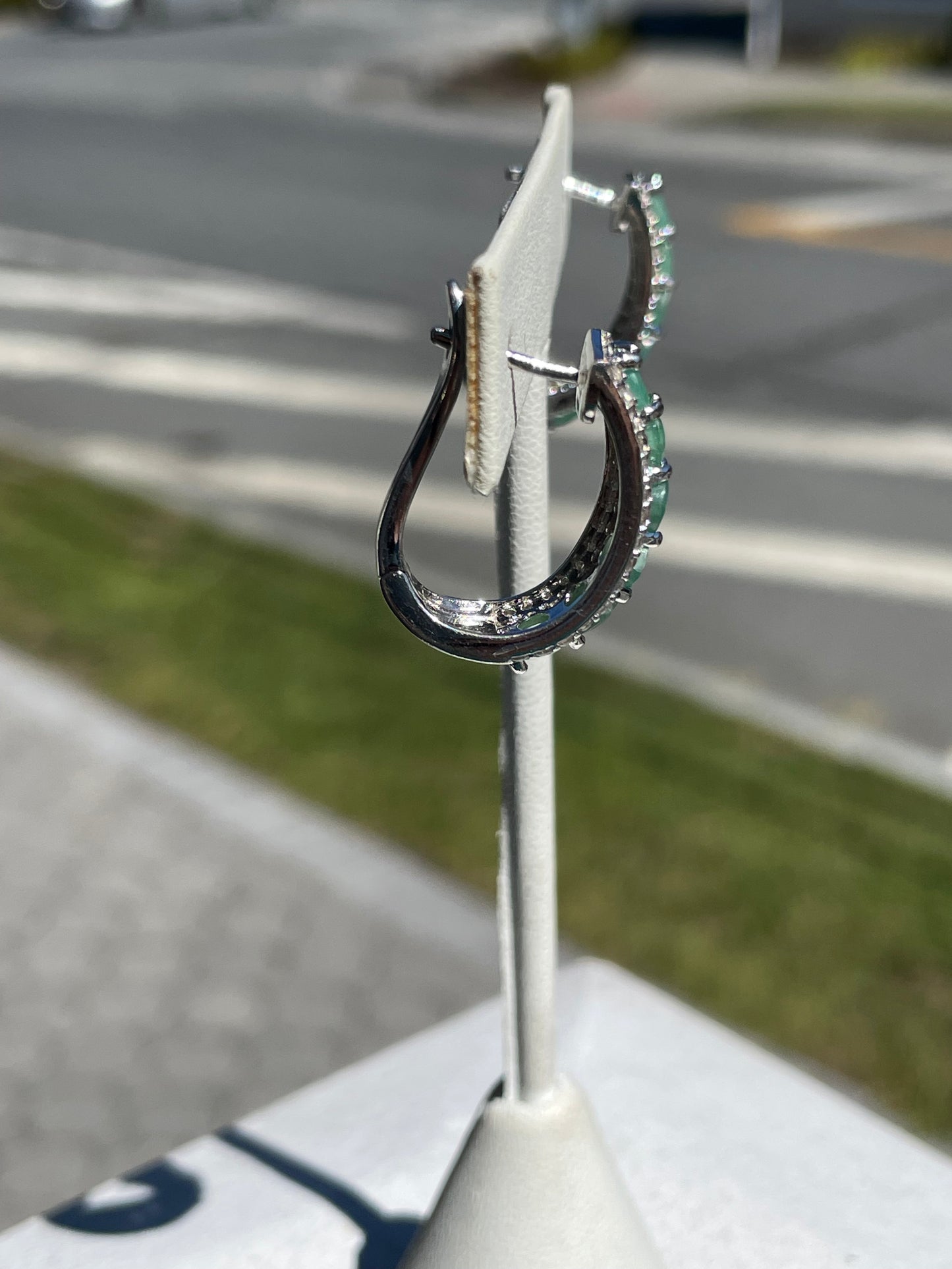 925 Sterling Silver Natural Emerald Hoop Earrings
