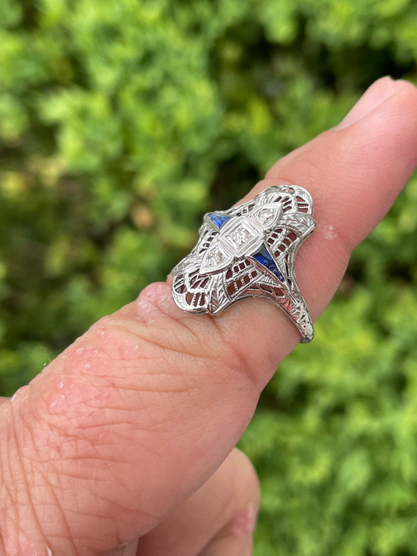 Antique 18k White Gold Diamond & Sapphire Art Deco Ring Circa 1900