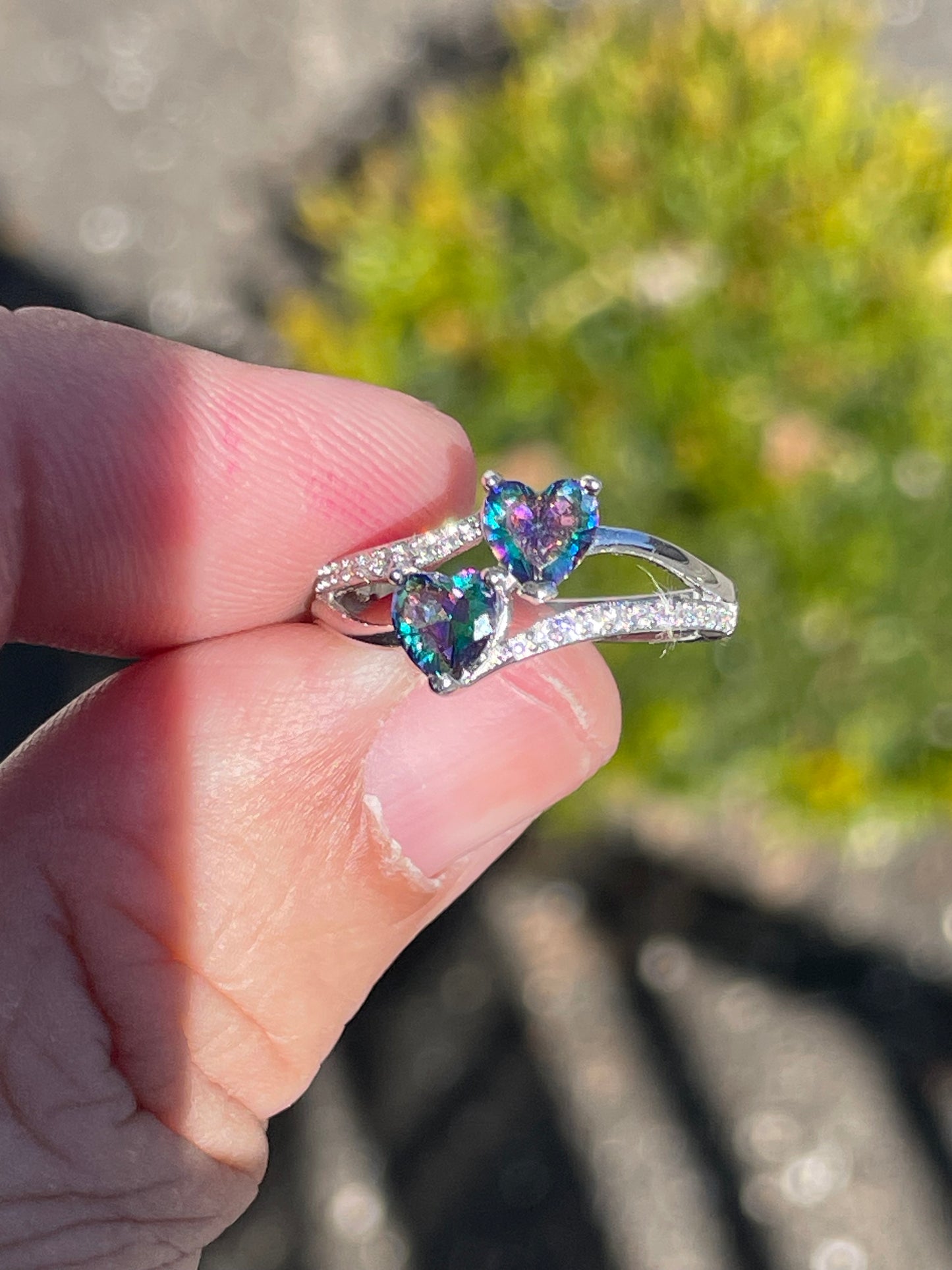 925 Sterling Silver Mystic Topaz & Cz Double Heart Cluster Ring Size 6