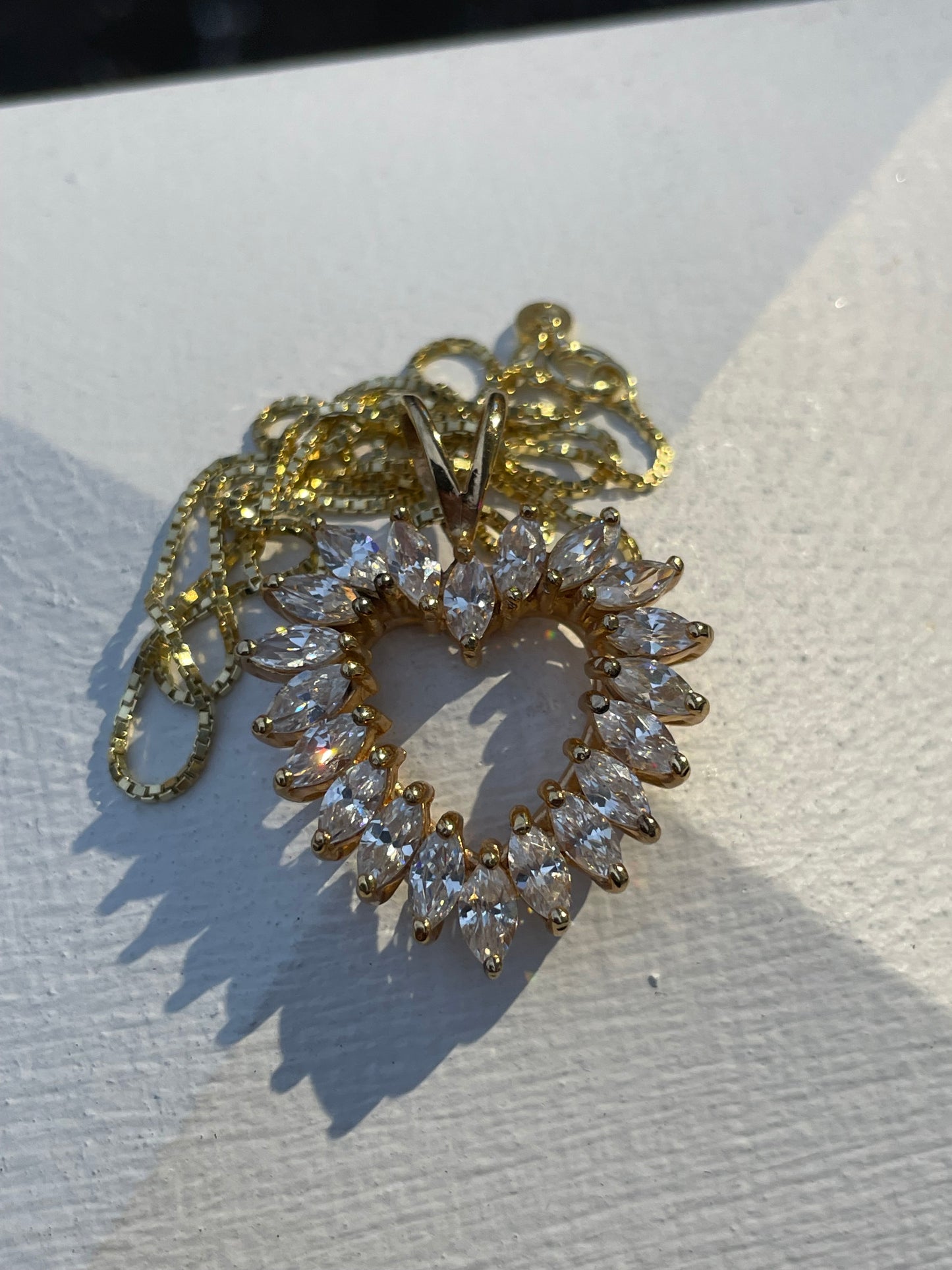 925 Sterling Silver Vermeil Large Marquis Zirconia Heart Wreath Necklace 20”