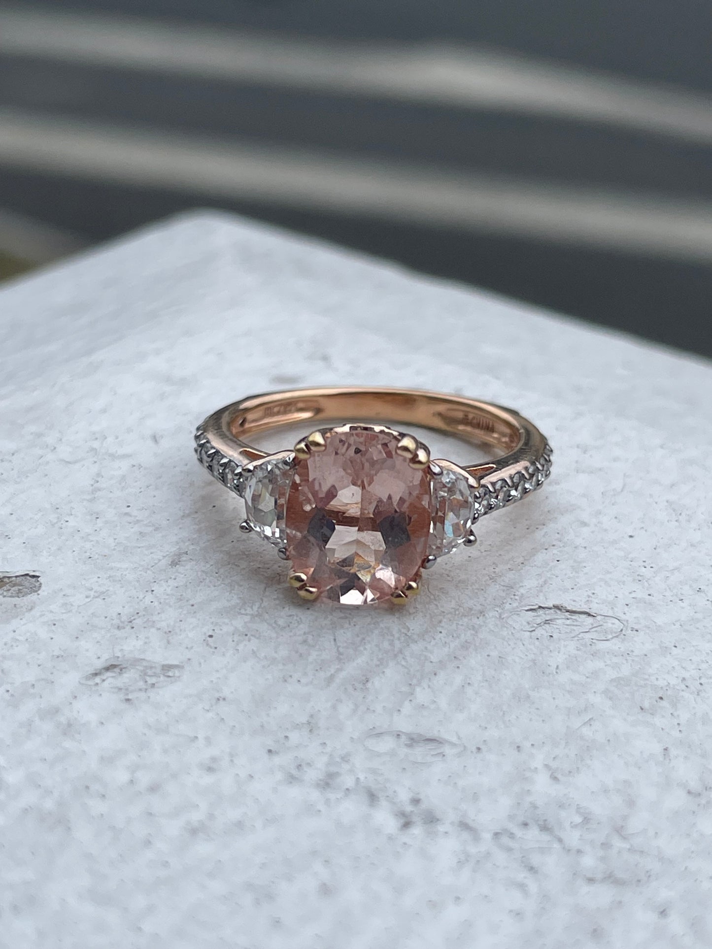 925 Sterling Silver Rose Vermeil Morganite & CZ Past Present Future Ring Size 7