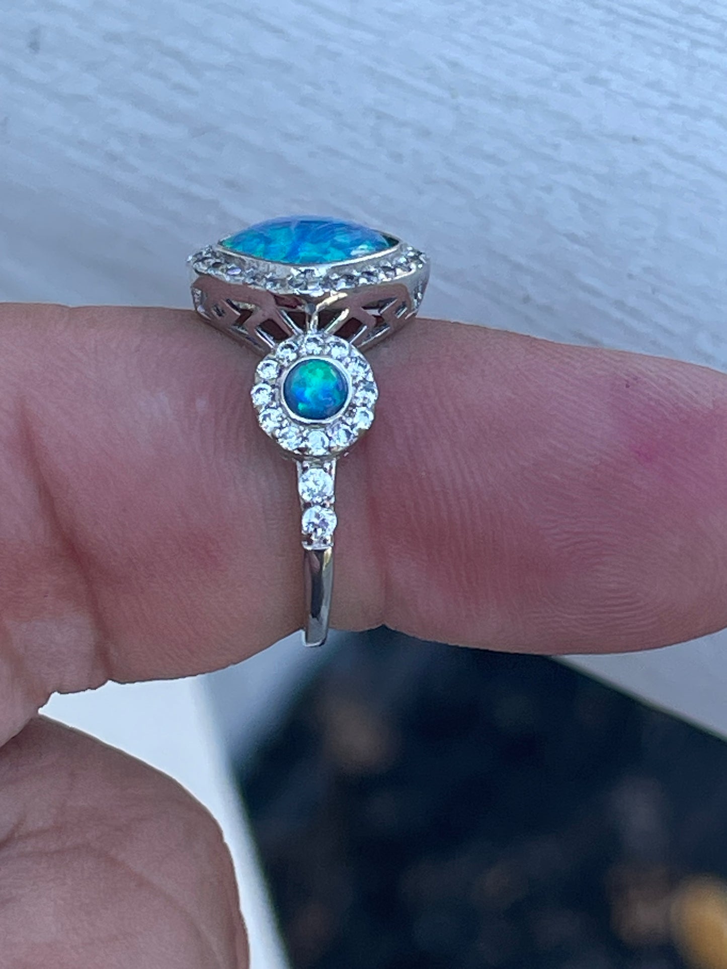 925 Sterling Silver Blue Opal Past Present Future Ring Size 6