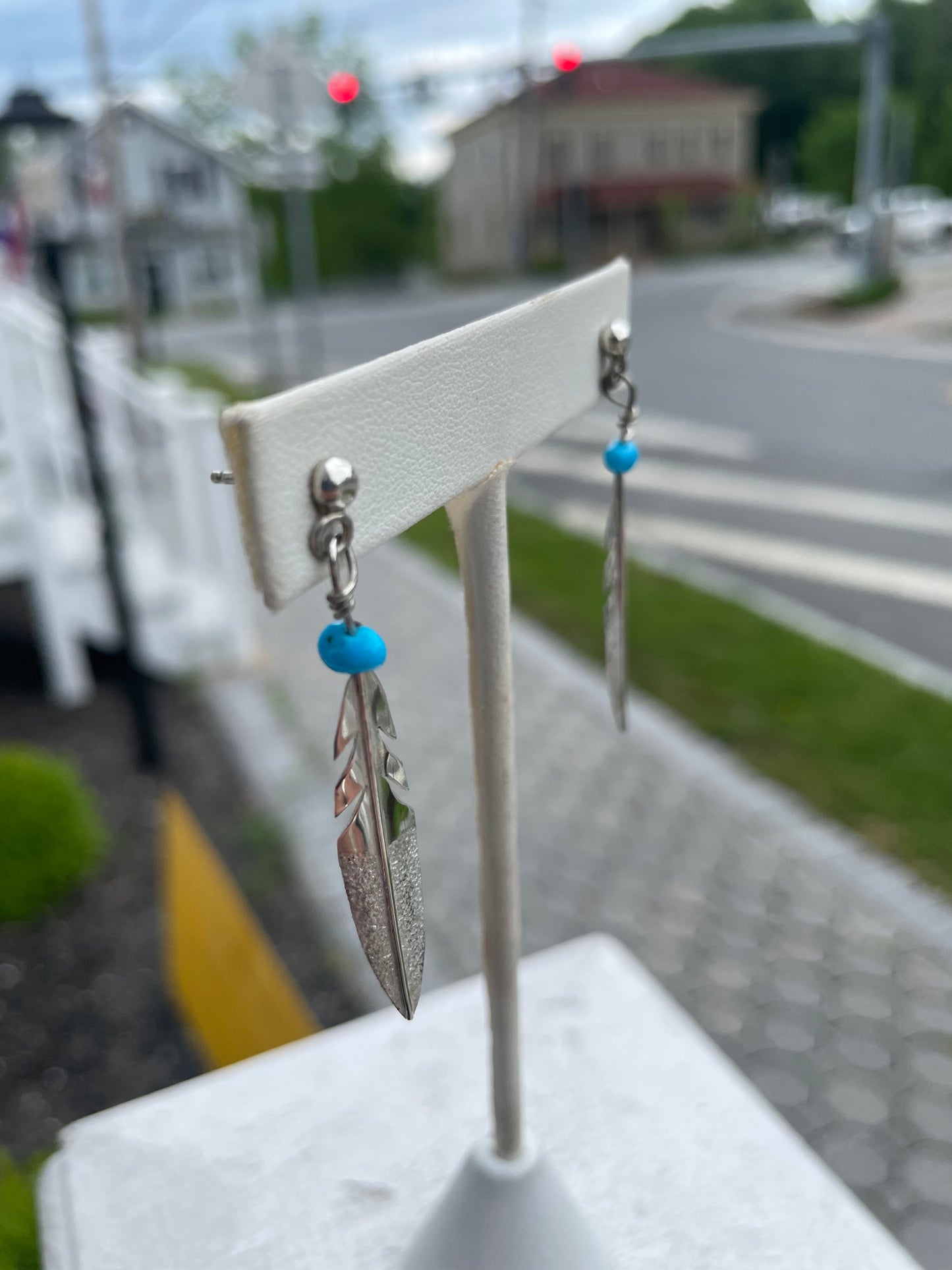 925 Sterling Silver Dangle Turquoise Feather Earrings
