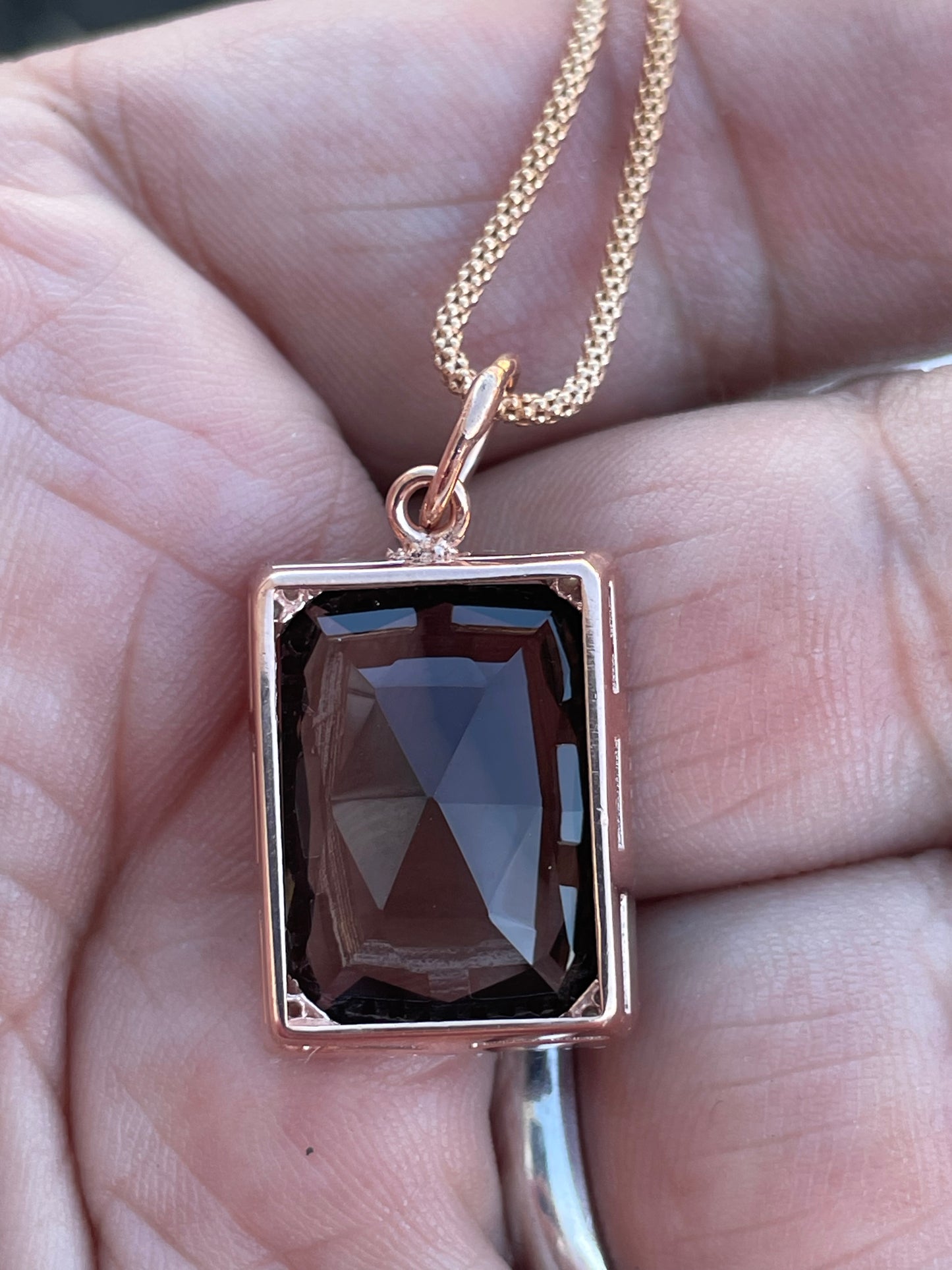 925 Sterling Silver Rose Vermeil Rectangle Smoky Quartz Necklace