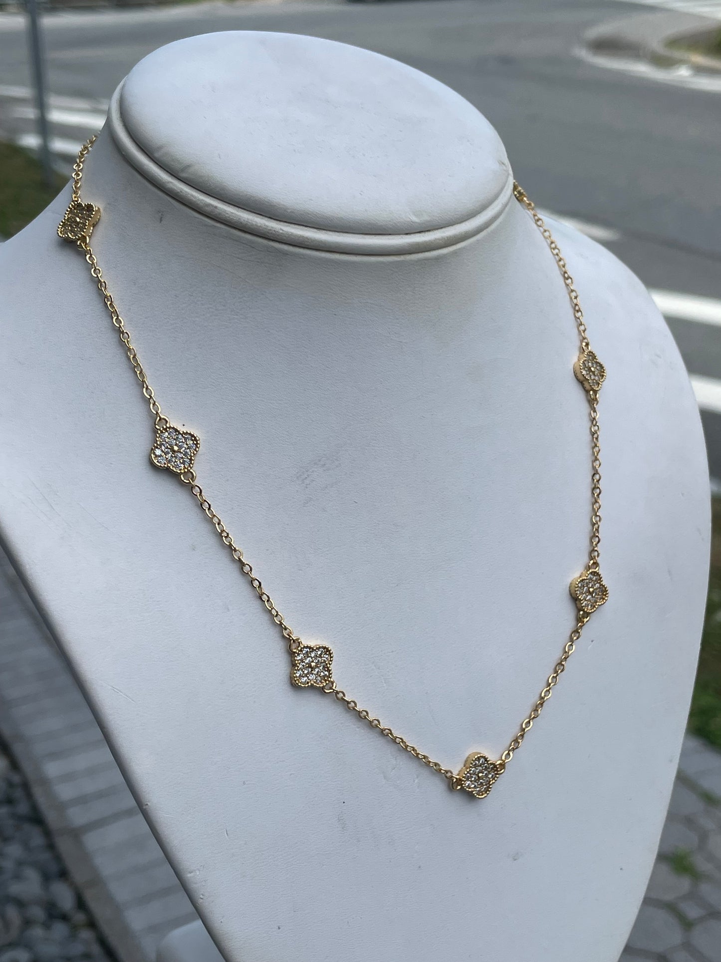 Stainless Steel Gold-plated Mini Clover Station Van Cleef Style Sparkling Cz Alhambra Necklace 18”-20”