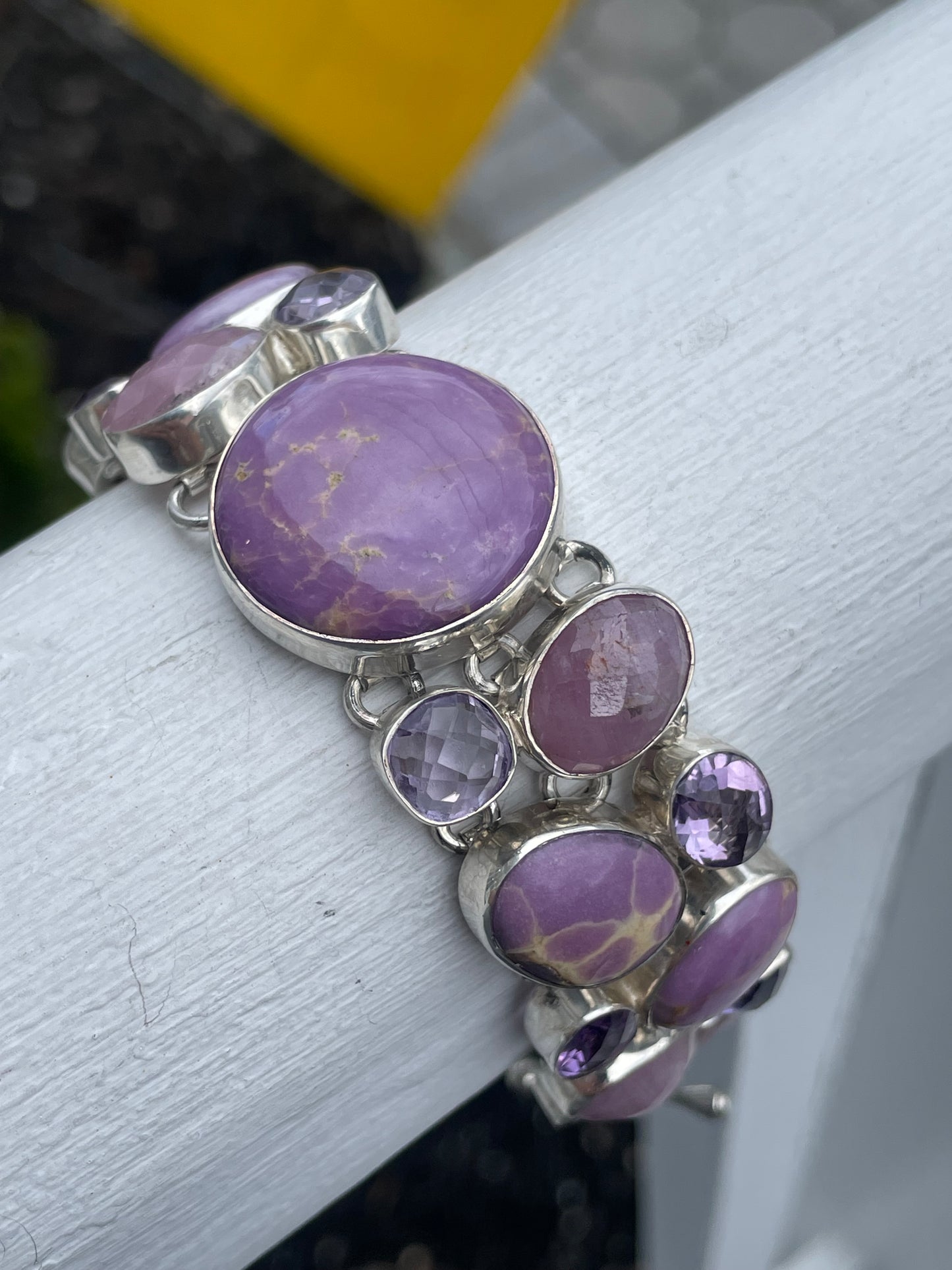 925 Sterling Silver Large Stone Cluster Bracelet ~ Amethyst Rose Quartz & Lavender Agate 8”
