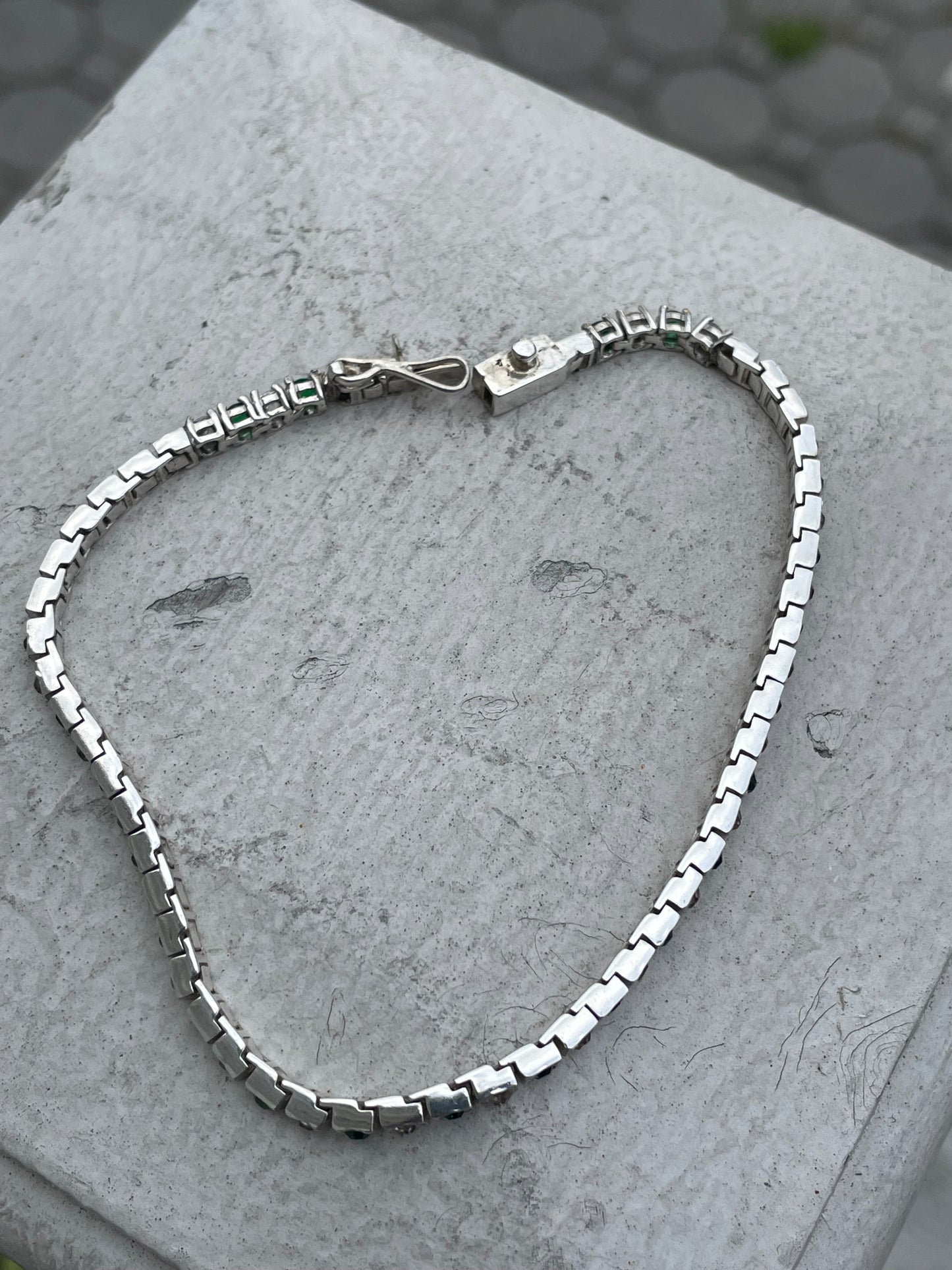 925 Sterling Silver Green & Clear Crystal Tennis Bracelet 8.5”