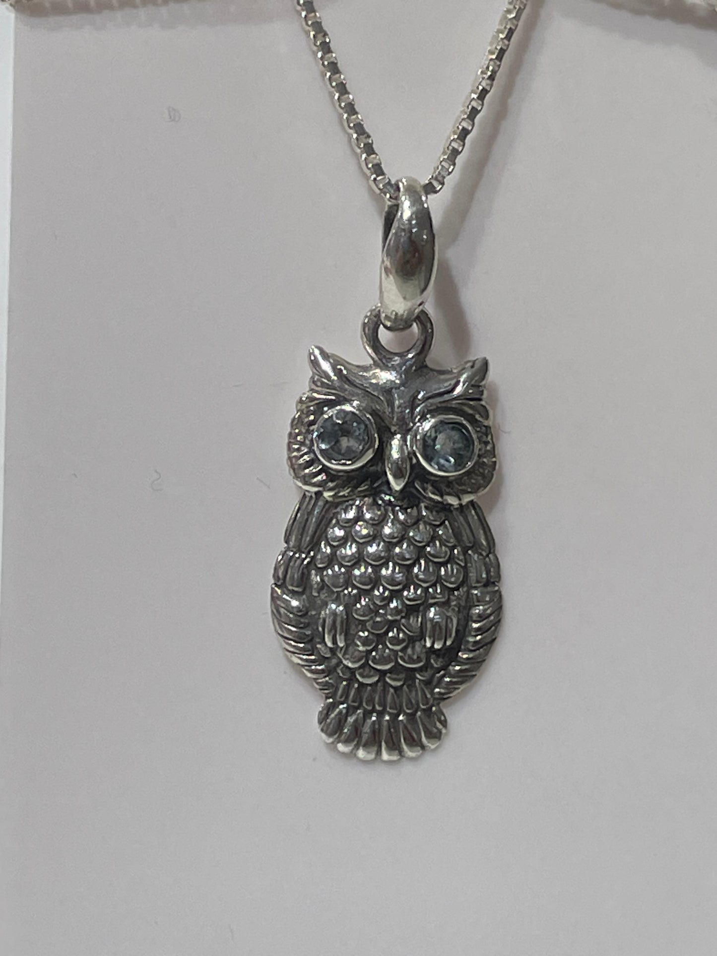 925 Sterling Silver Aquamarine Eyes Owl Necklace