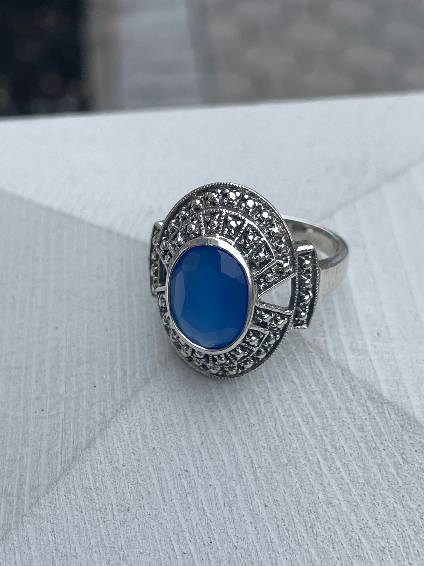 925 Sterling Silver Simulated Blue Chalcedony & Marcasite Shield Ring