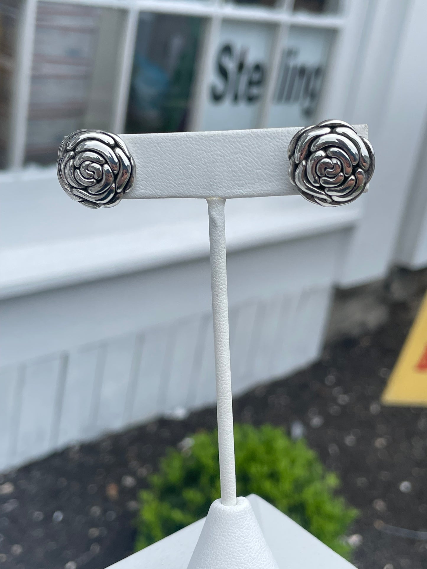 925 Sterling Silver Puffed Rose Earrings