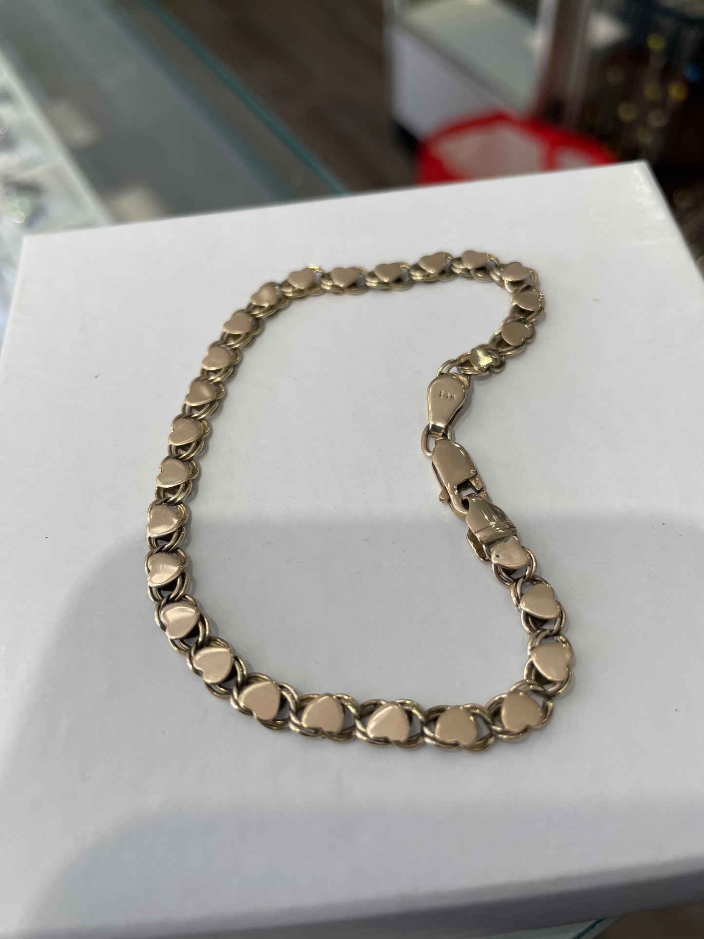 Solid 14k Gold Vintage Signet Heart Upon Heart Cobblestone Link Bracelet 8”