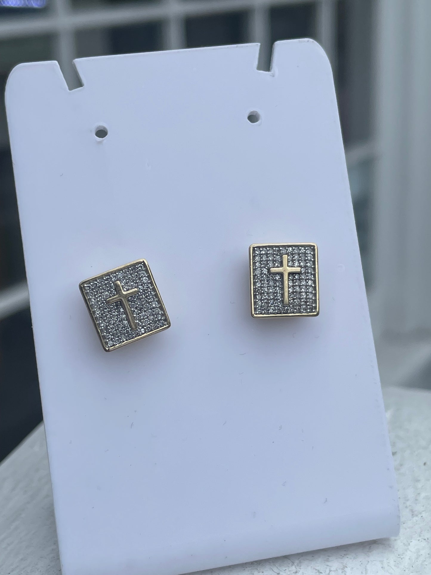 10k Gold Natural Diamond Square Shape Cross Stud Earrings