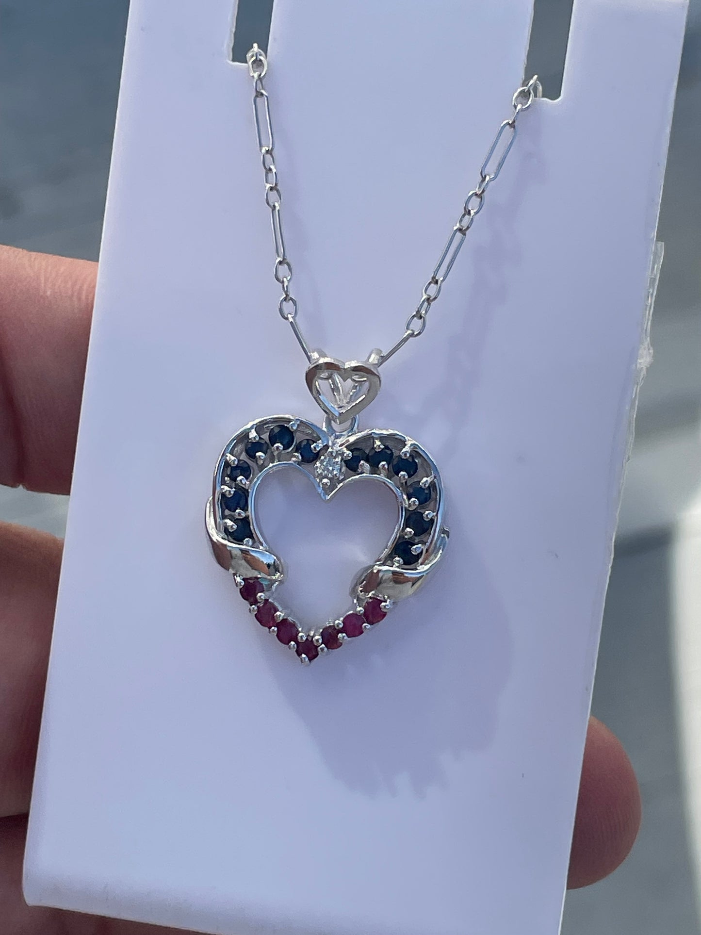 14k White Gold Natural Sapphire Ruby & Diamond Open Heart Necklace