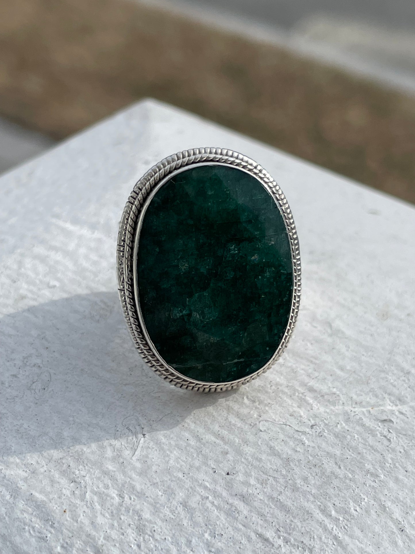 925 Sterling Silver Large 20.0ct Natural Oval Emerald Statement Ring Size 6