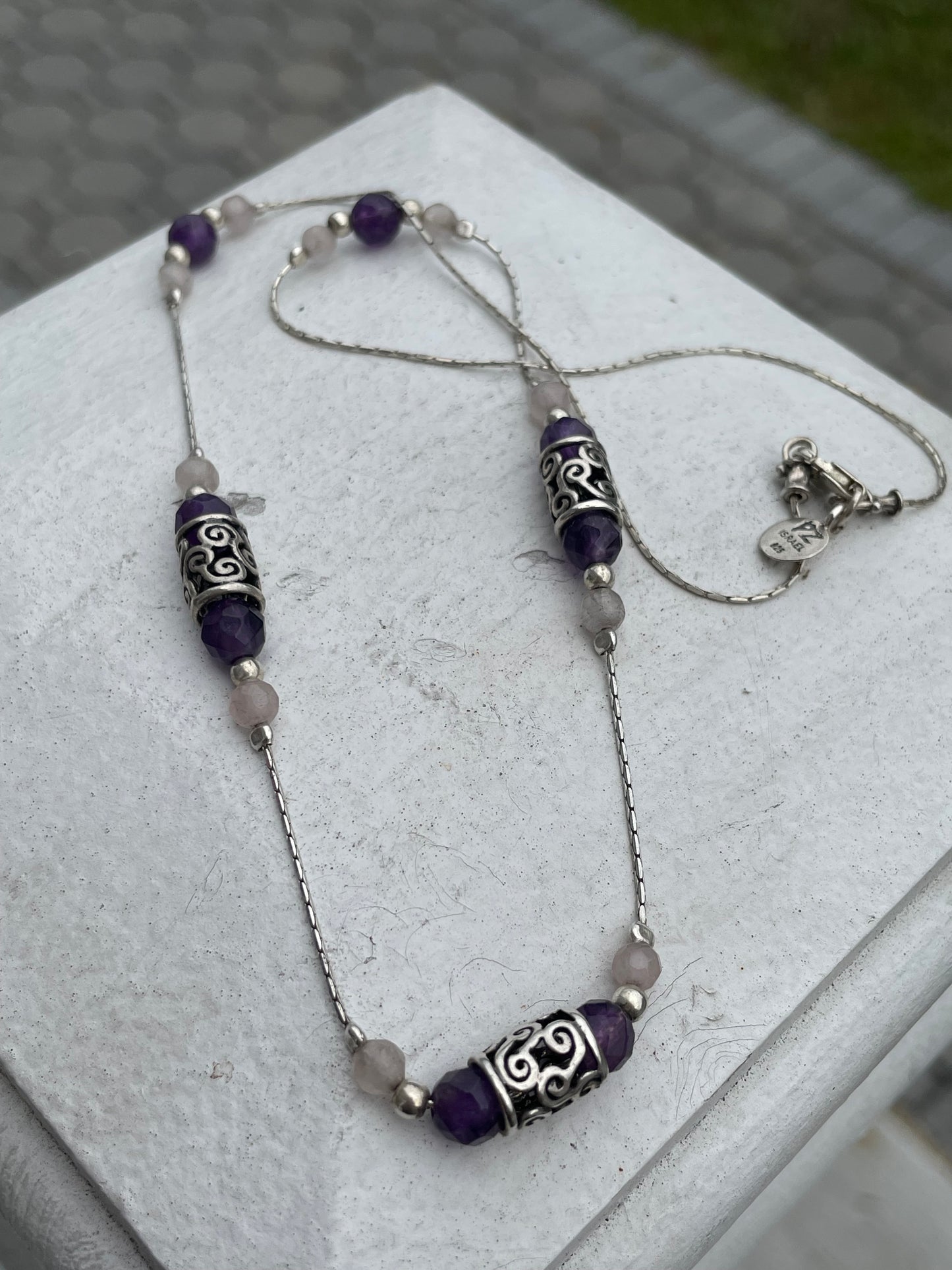 Designer Paz 925 Sterling Silver Amethyst & Rose Quartz Bead Necklace