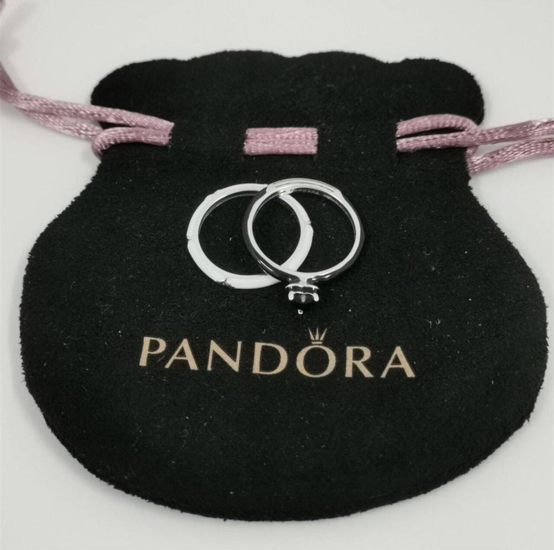 Pandora 2pc White & Black Enamel Rings with Heart Shape Black Cz