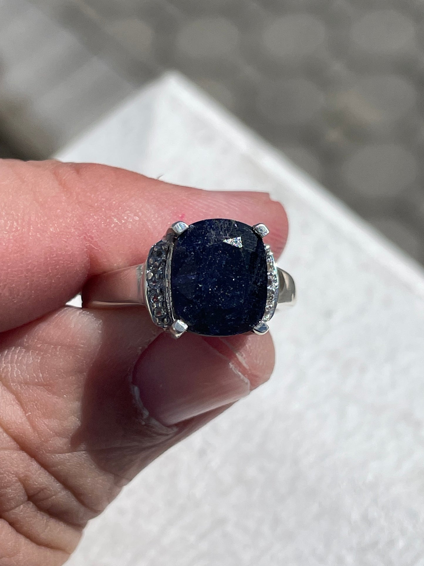 925 Sterling Silver Natural 1.50ct Cushion Cut Sapphire & White Topaz Ring Size 7