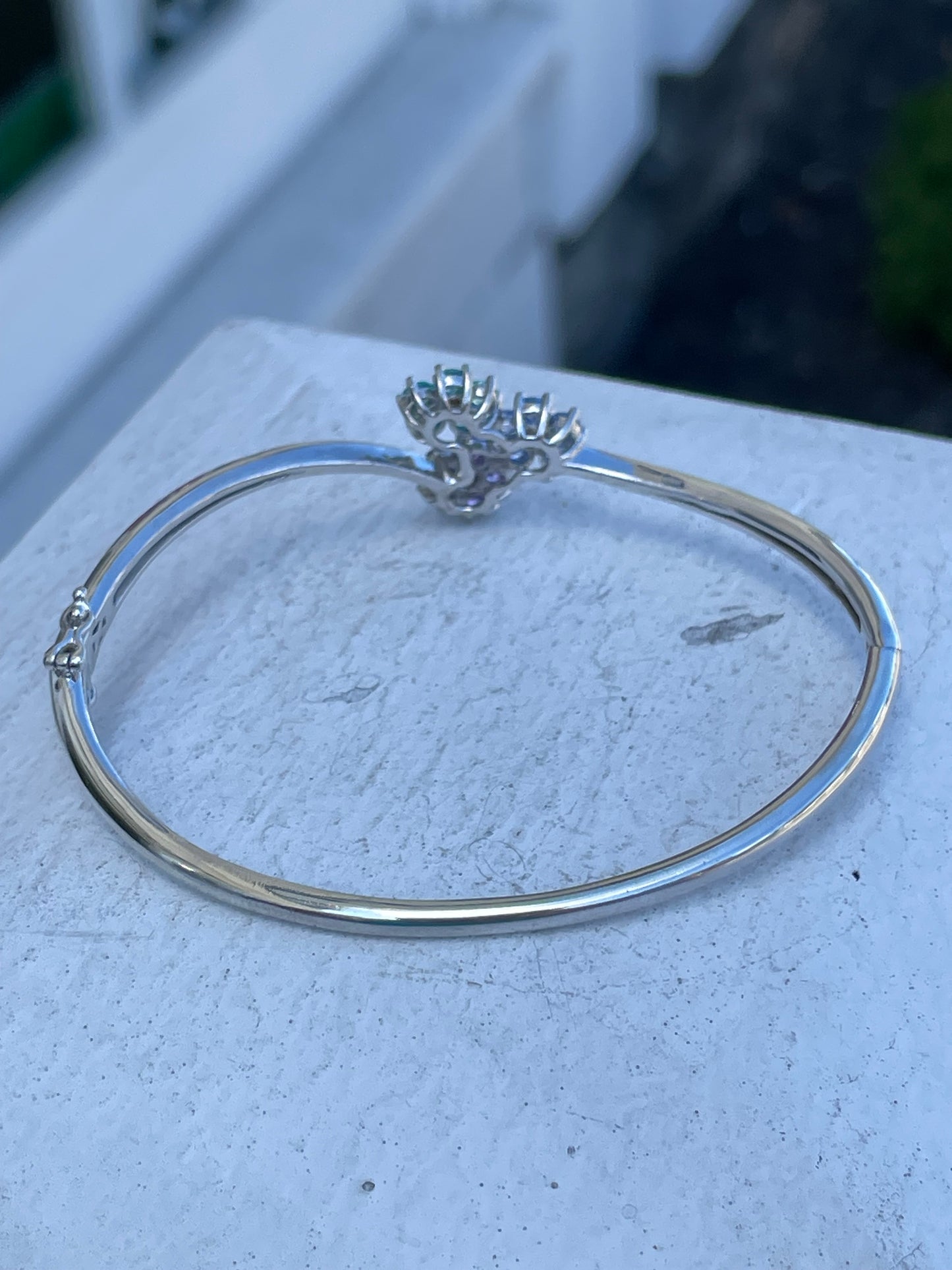 925 Sterling Silver Pretty Triple Colored Cz Flower Bangle Bracelet