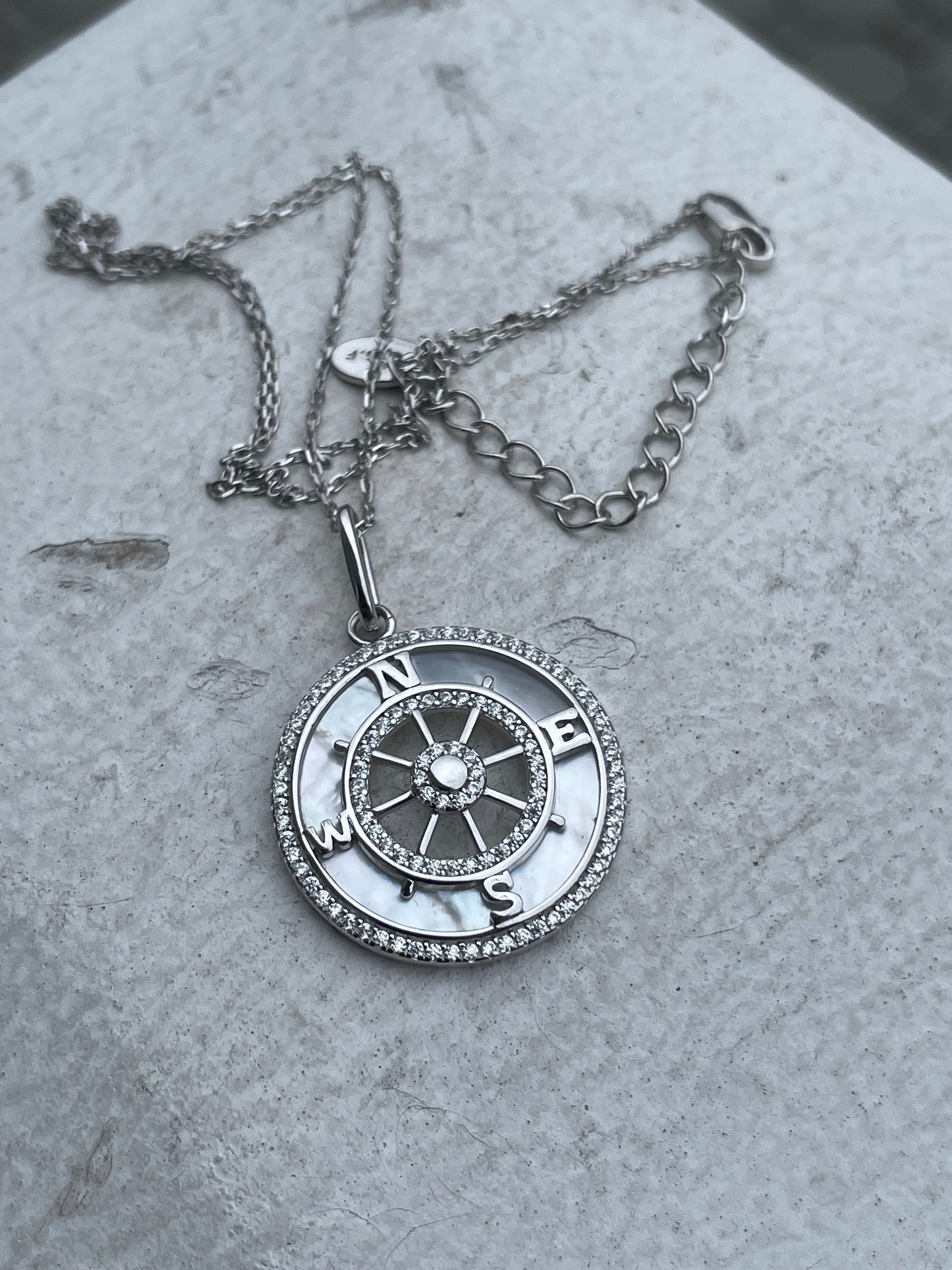 925 Sterling Silver Mother of Pearl & Cz Compass Necklace 16”-18”
