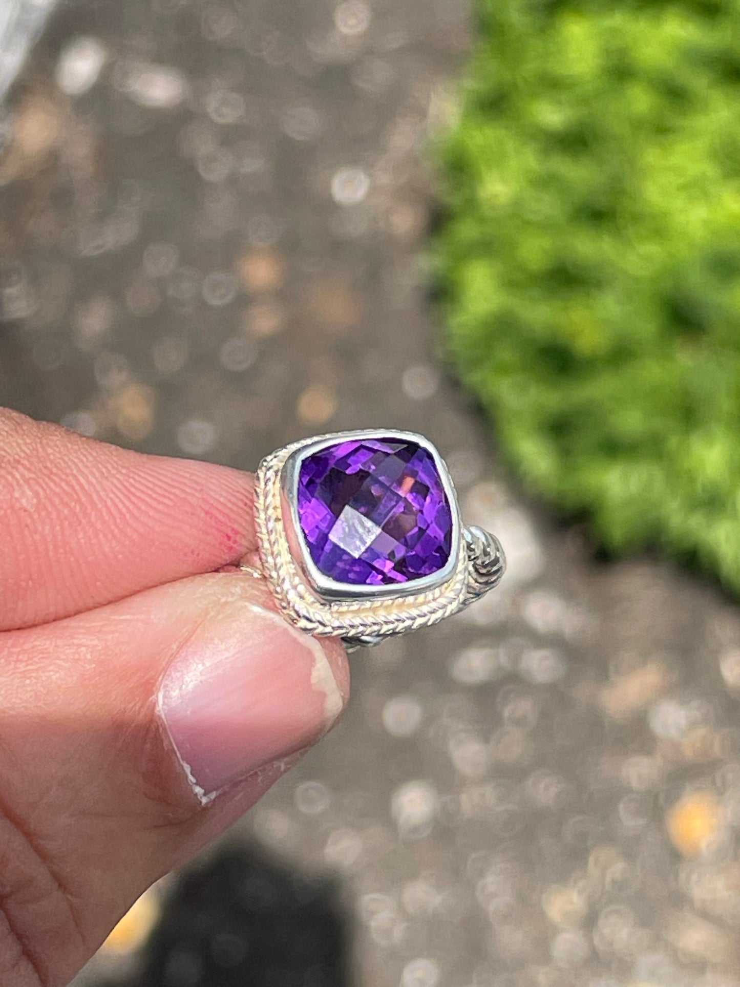925 Sterling Silver Cushion Cut Amethyst Cable Band Ring Size 9