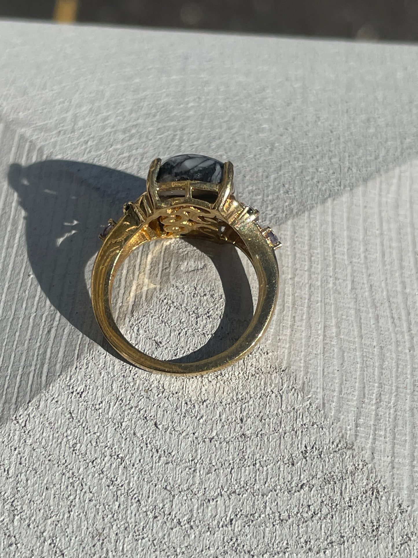 925 Sterling Silver Vermeil Snowflake Obsidian & Tanzanite Ring Size 6
