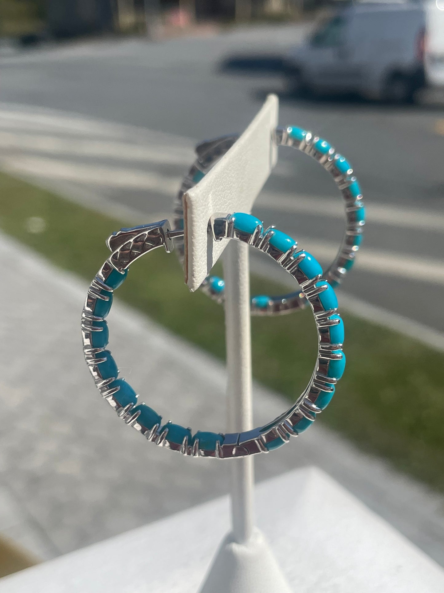 Designer JCL 925 Sterling Silver Turquoise Stone Hoop Earrings