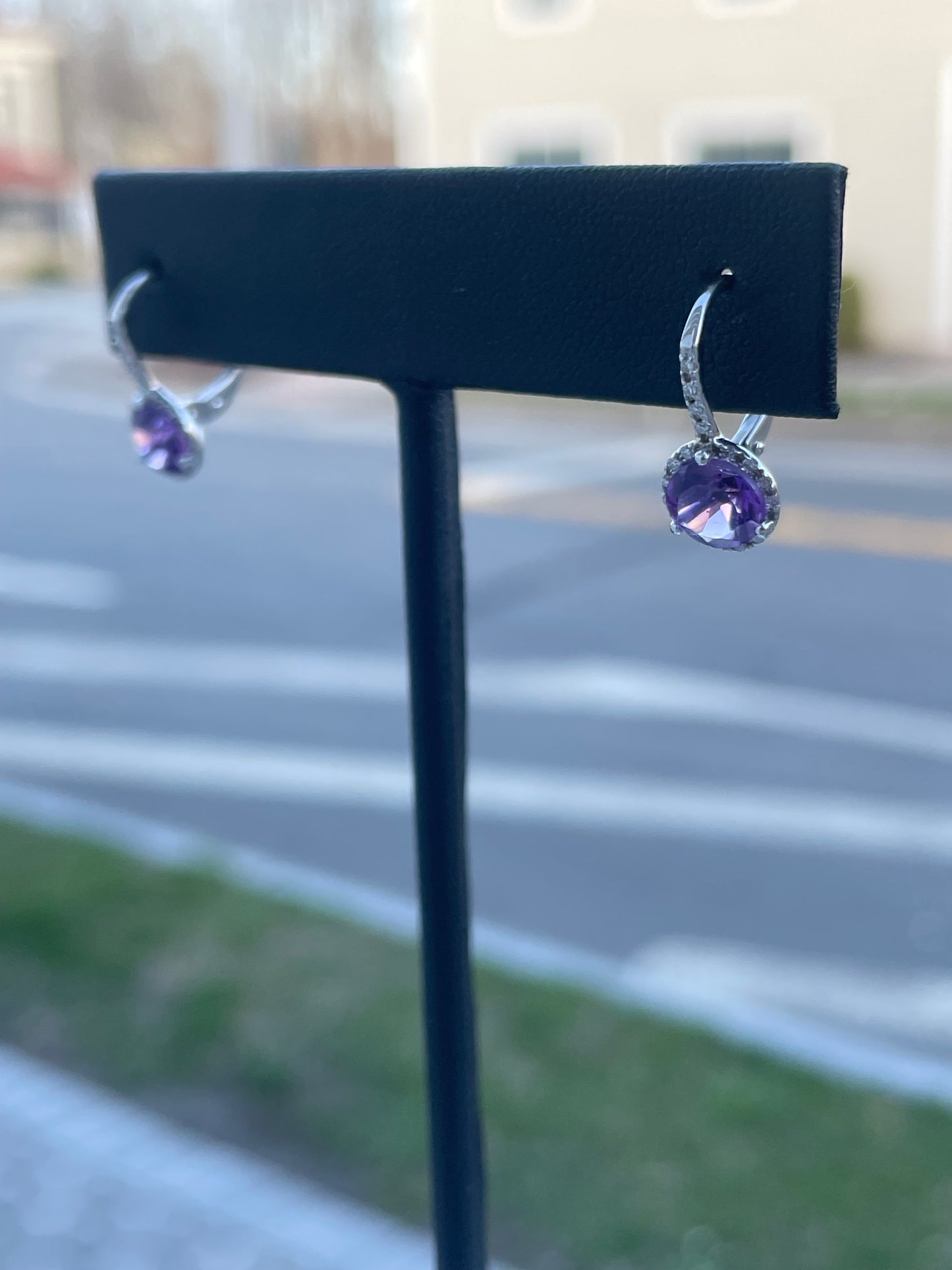 14k White Gold Amethyst & Diamond Leverback Dangle Earrings