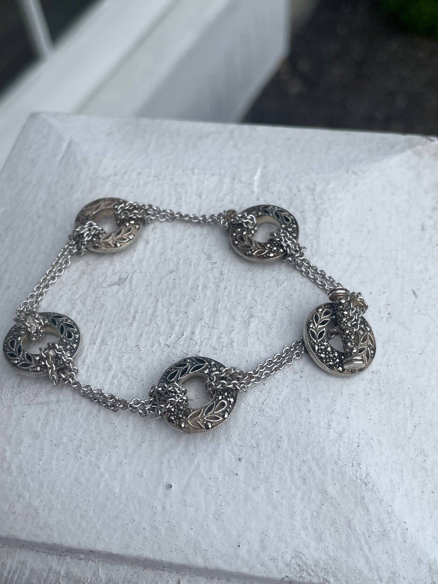 Designer Judith Jack 925 Sterling Silver Marcasite Toggle Lock Bracelet 8”