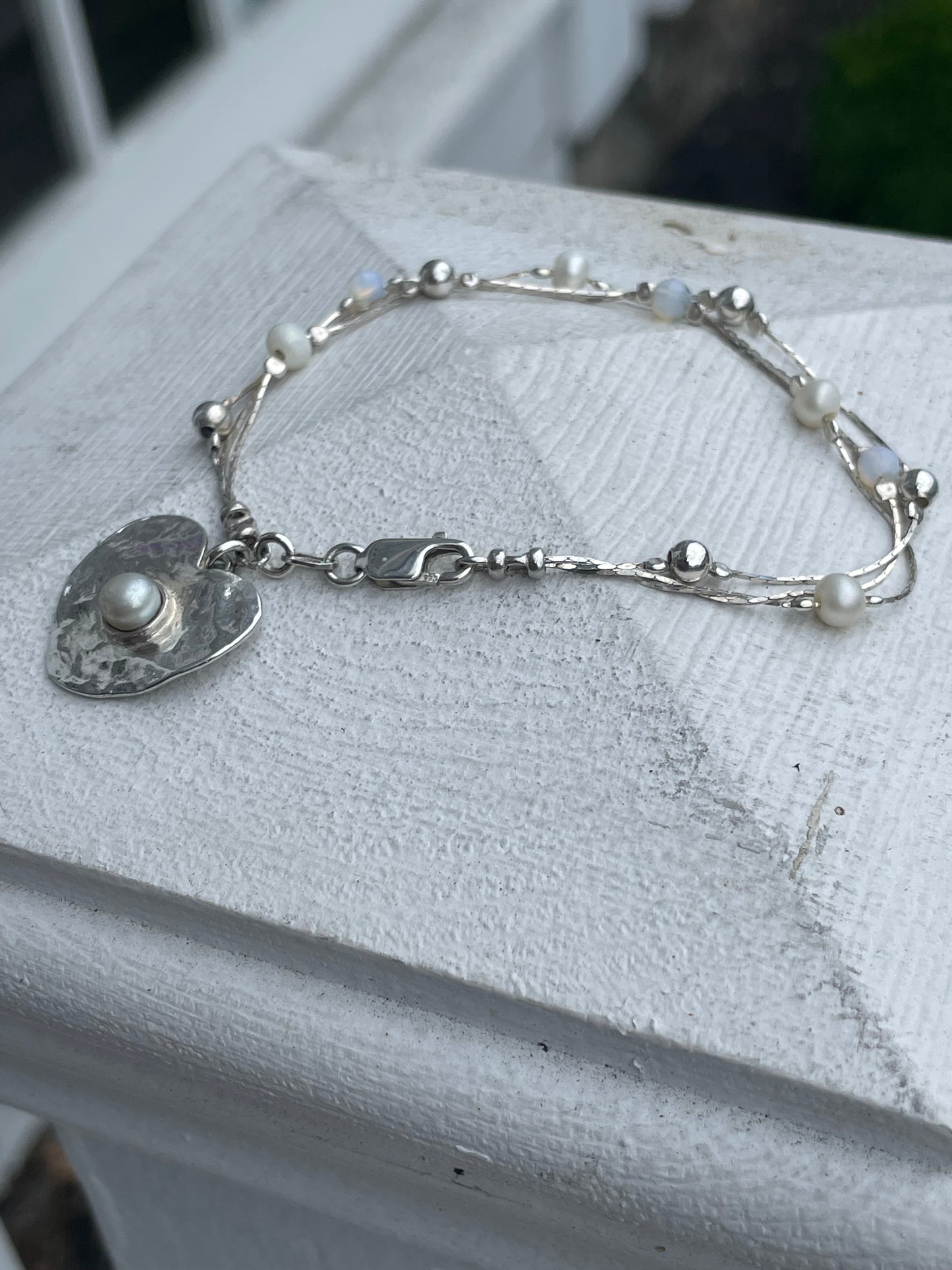 925 Sterling Silver Triple Strand Opalite & Pearl Heart Bracelet 7”
