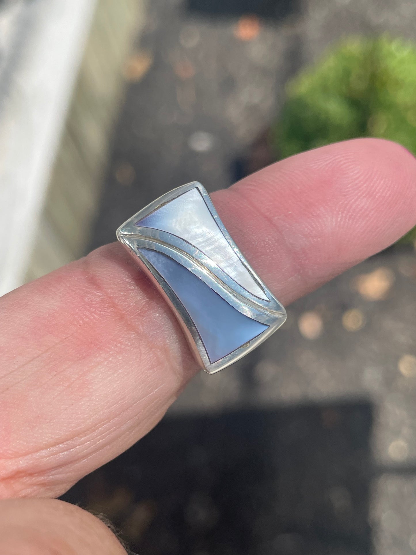 925 Sterling Silver Blue Mother of Pearl Rectangular Signet Ring