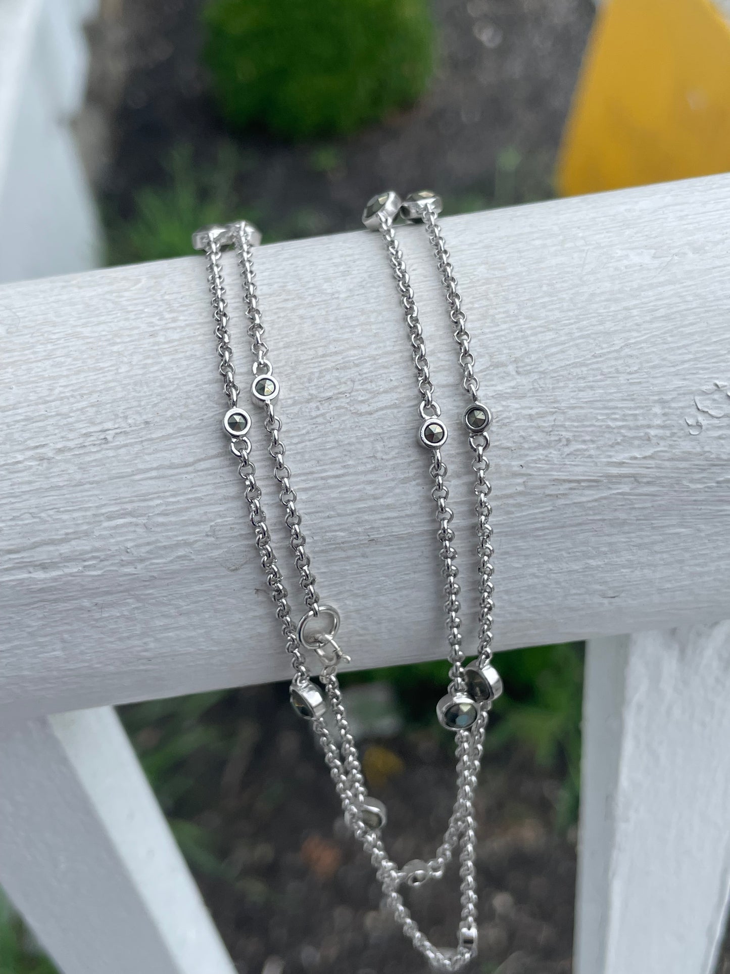 925 Sterling Silver By the Yard Bezel set Marcasite Necklace 31”