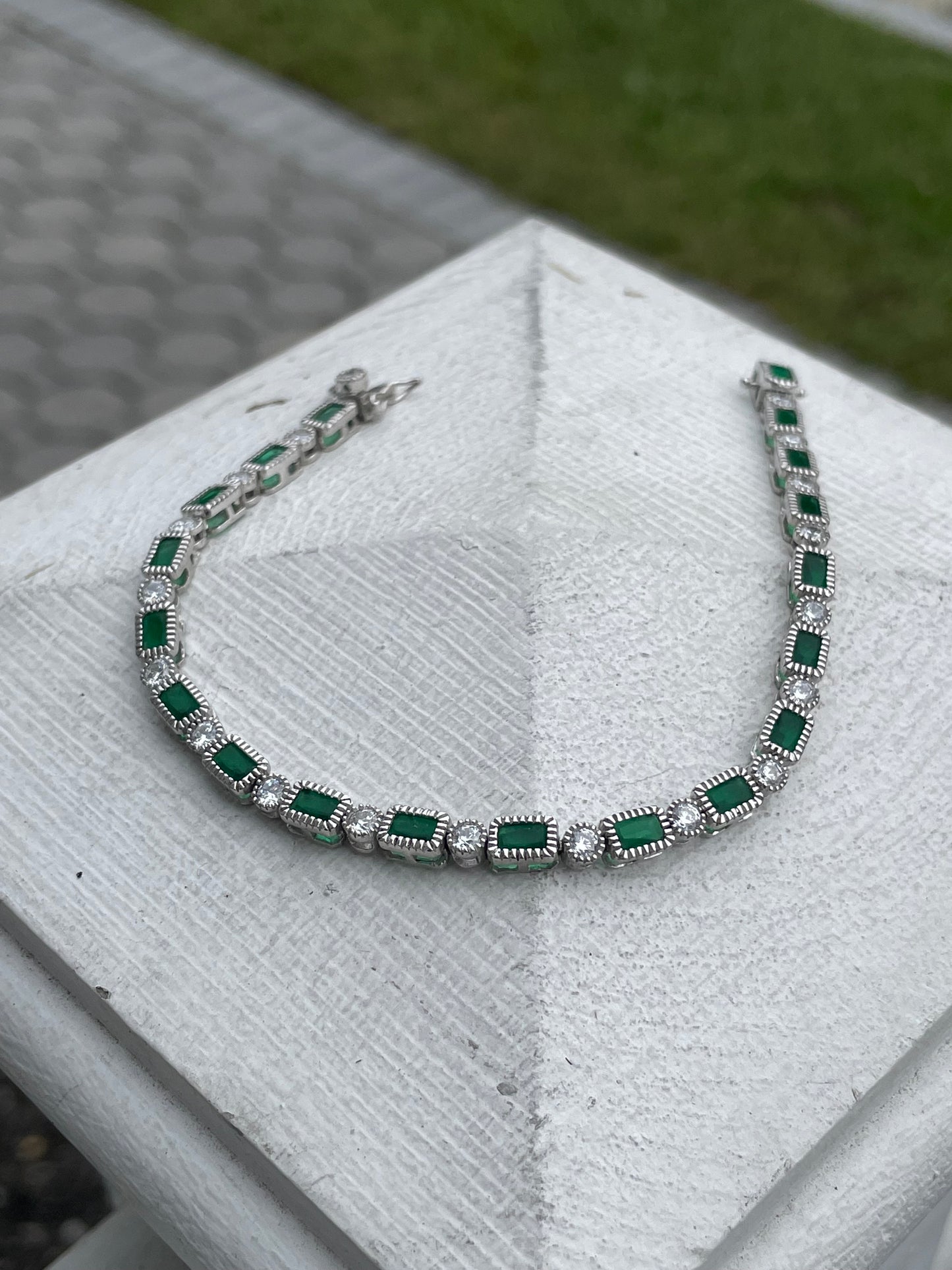 925 Sterling Silver Simulated Emerald & Cz Tennis Bracelet