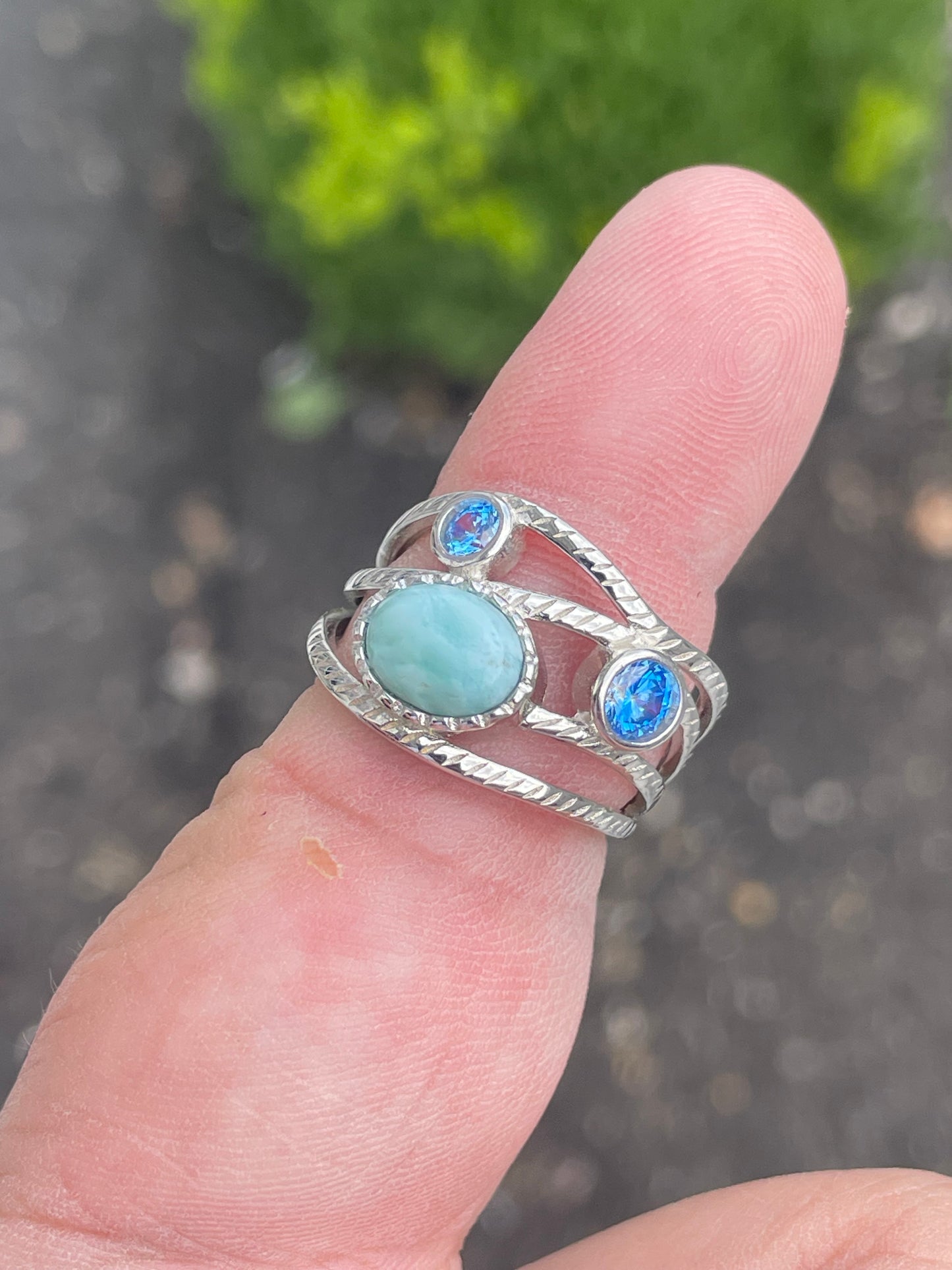 925 Sterling Silver Larimar & Blue Crystal Crossover Band Ring Size 8