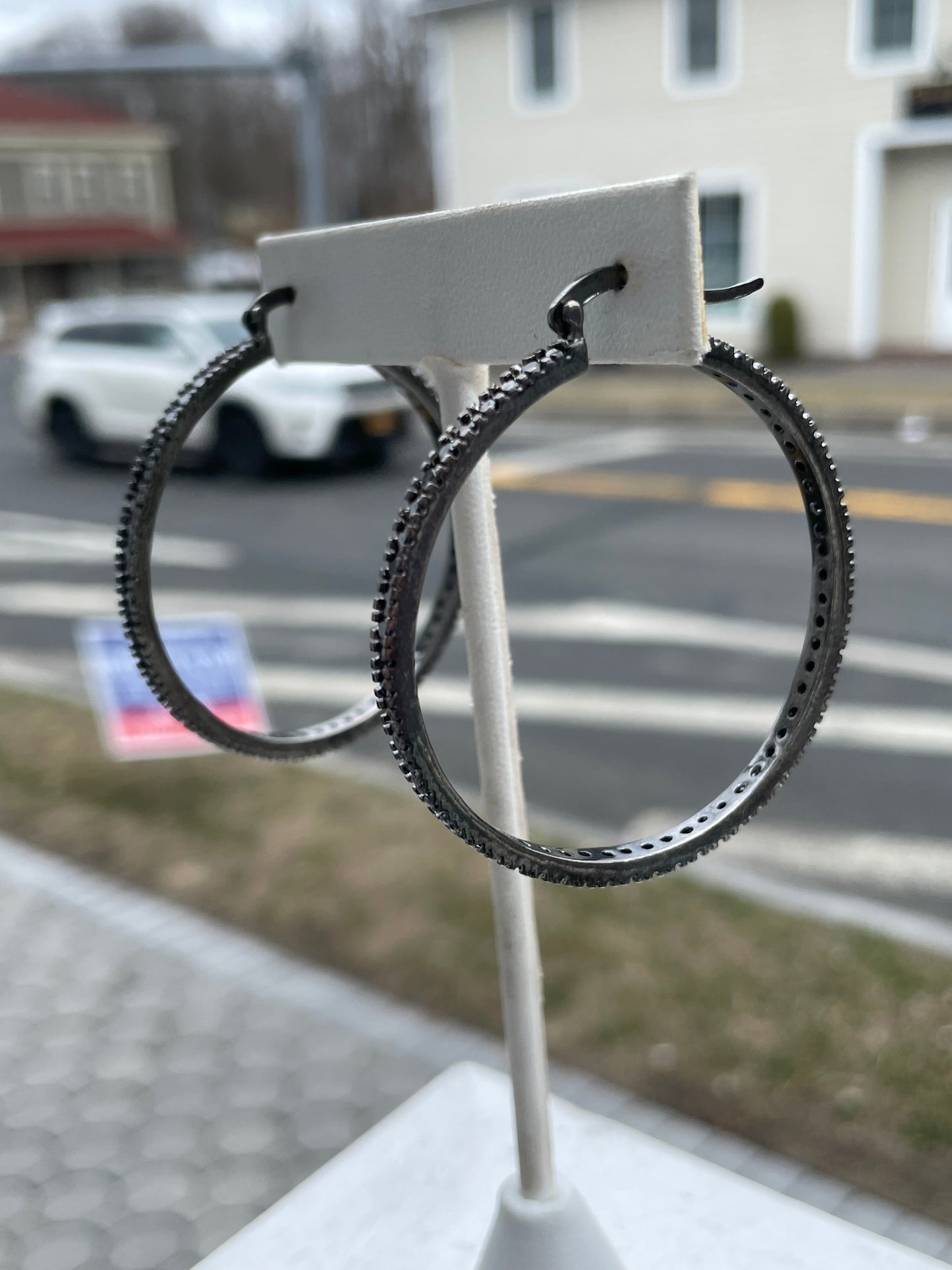 925 Sterling Silver 50mm Black Zirconia Hoop Earrings