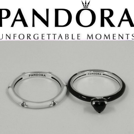 Pandora 2pc White & Black Enamel Rings with Heart Shape Black Cz