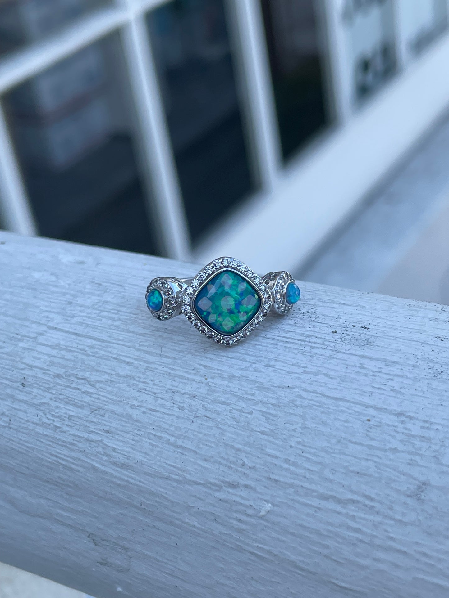 925 Sterling Silver Blue Opal Past Present Future Ring Size 6