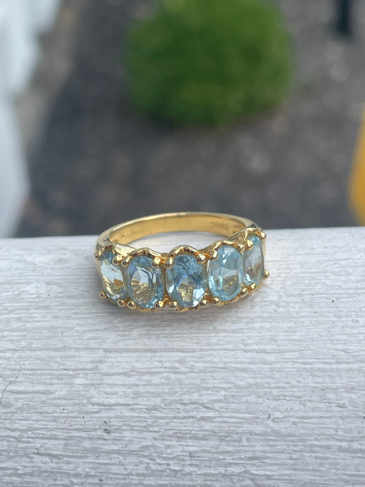 925 Sterling Silver Vermeil Sky Blue Topaz Stone Band Ring Size 9