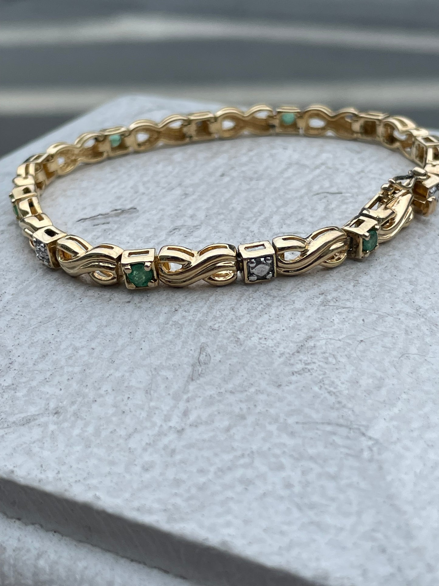 925 Sterling Silver Vermeil Natural Emerald & Diamond XO Bracelet 7.25”
