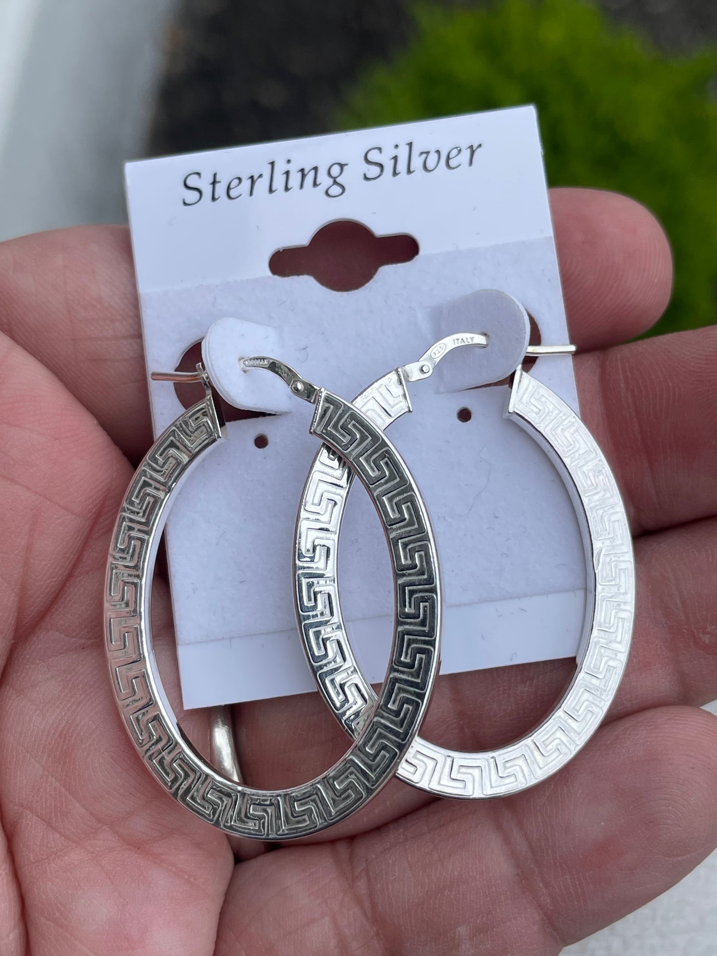925 Sterling Silver Greek Key Oval Shaped Earrings