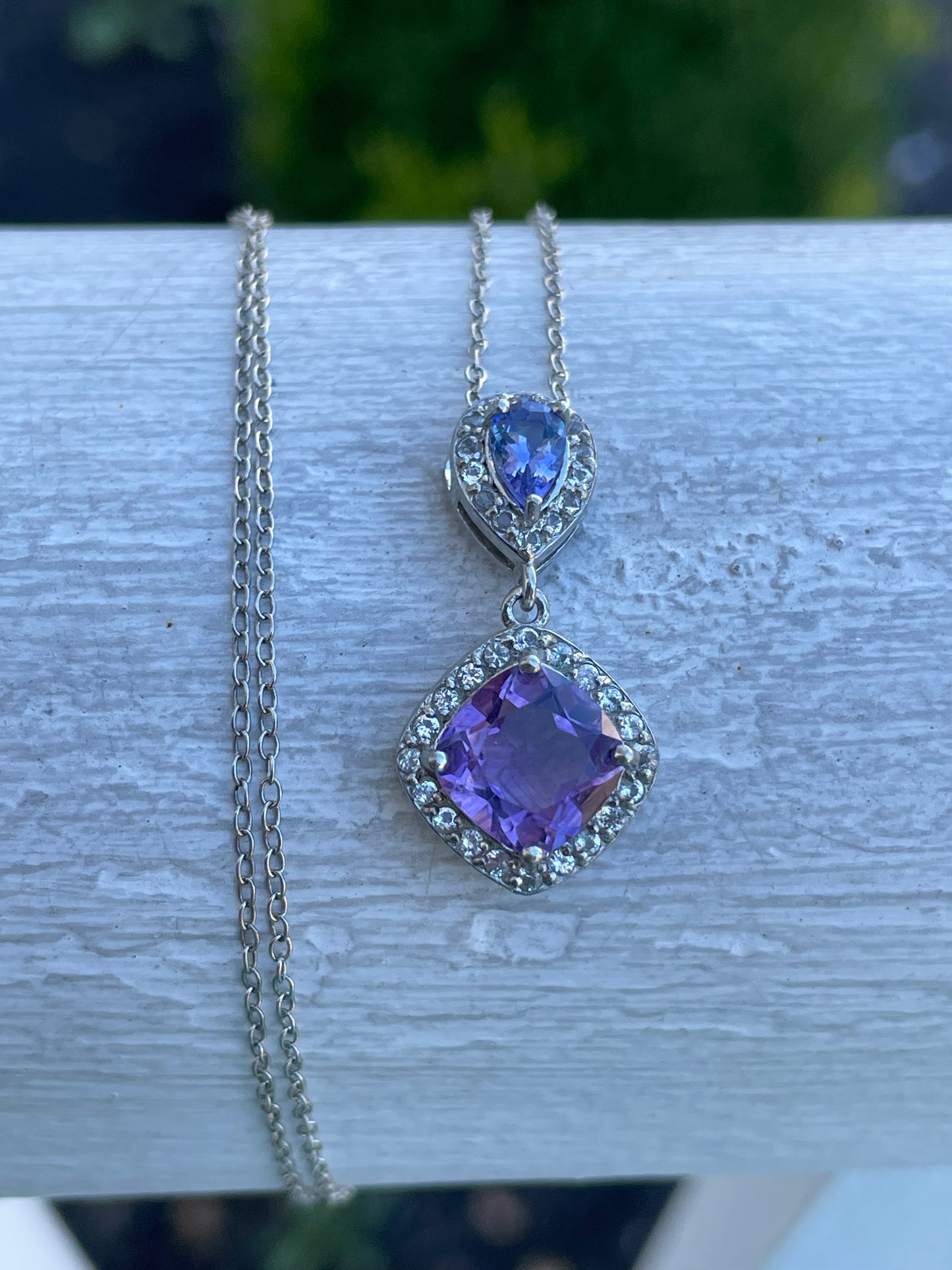 925 Sterling Silver Tanzanite & Amethyst Drop Necklace