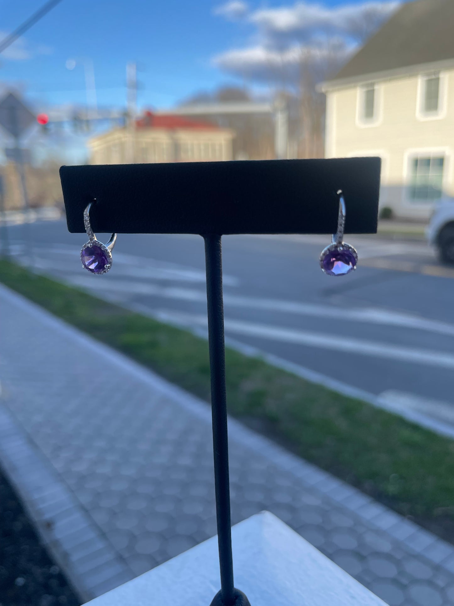 14k White Gold Amethyst & Diamond Leverback Dangle Earrings
