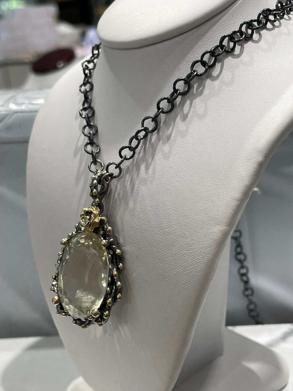 925 Oxidized Sterling Silver Large Light Yellow Citrine Necklace with Vermeil beaded highlights 20”