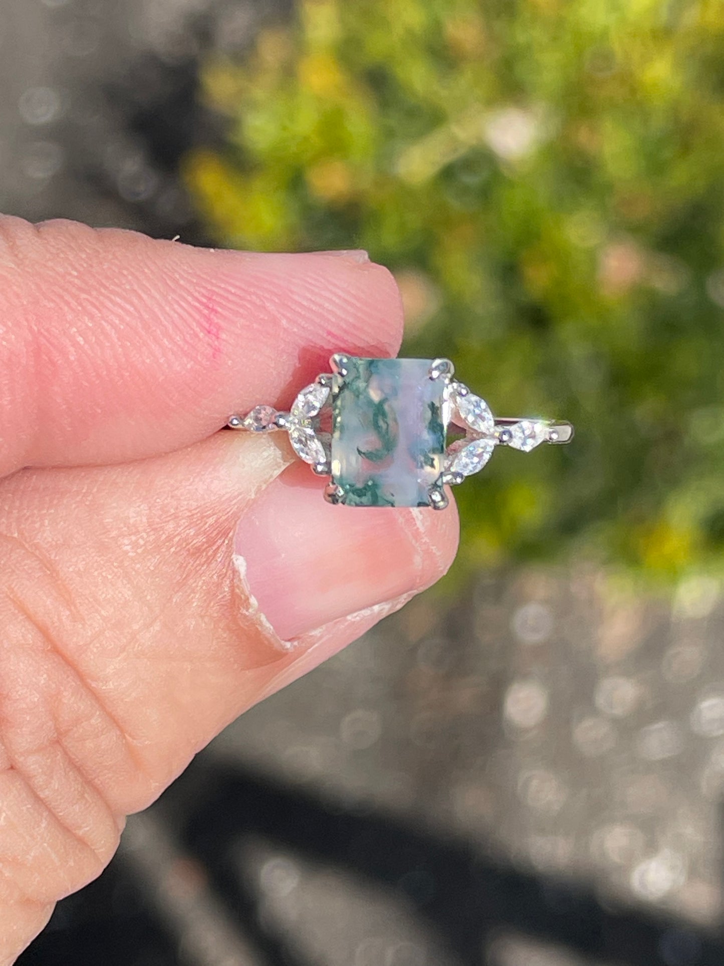 925 Sterling Silver Mossy Agate & Cz Solitaire Ring Size 7.25
