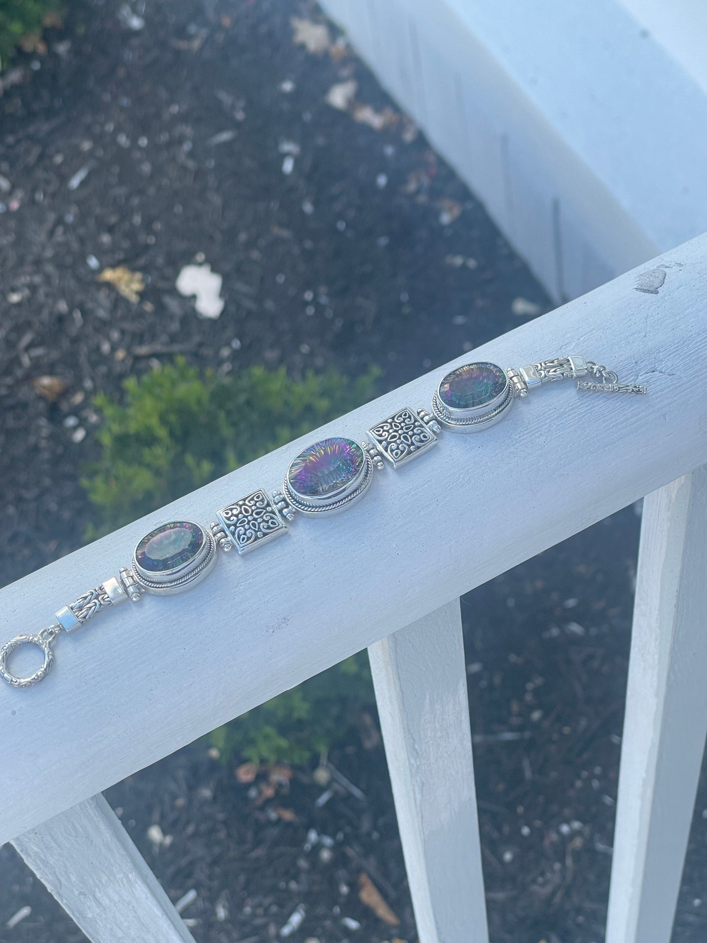 925 Sterling Silver Signed AF Large Oval Mystic Topaz Stone Bracelet