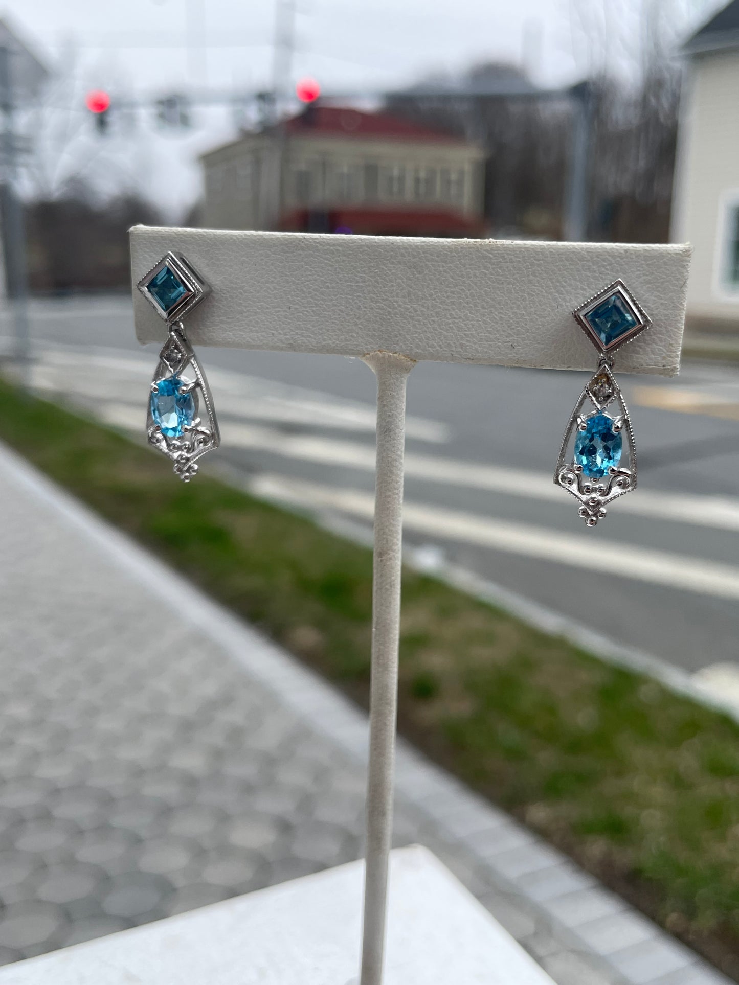 14k White Gold Blue Topaz & Diamond Drop Earrings
